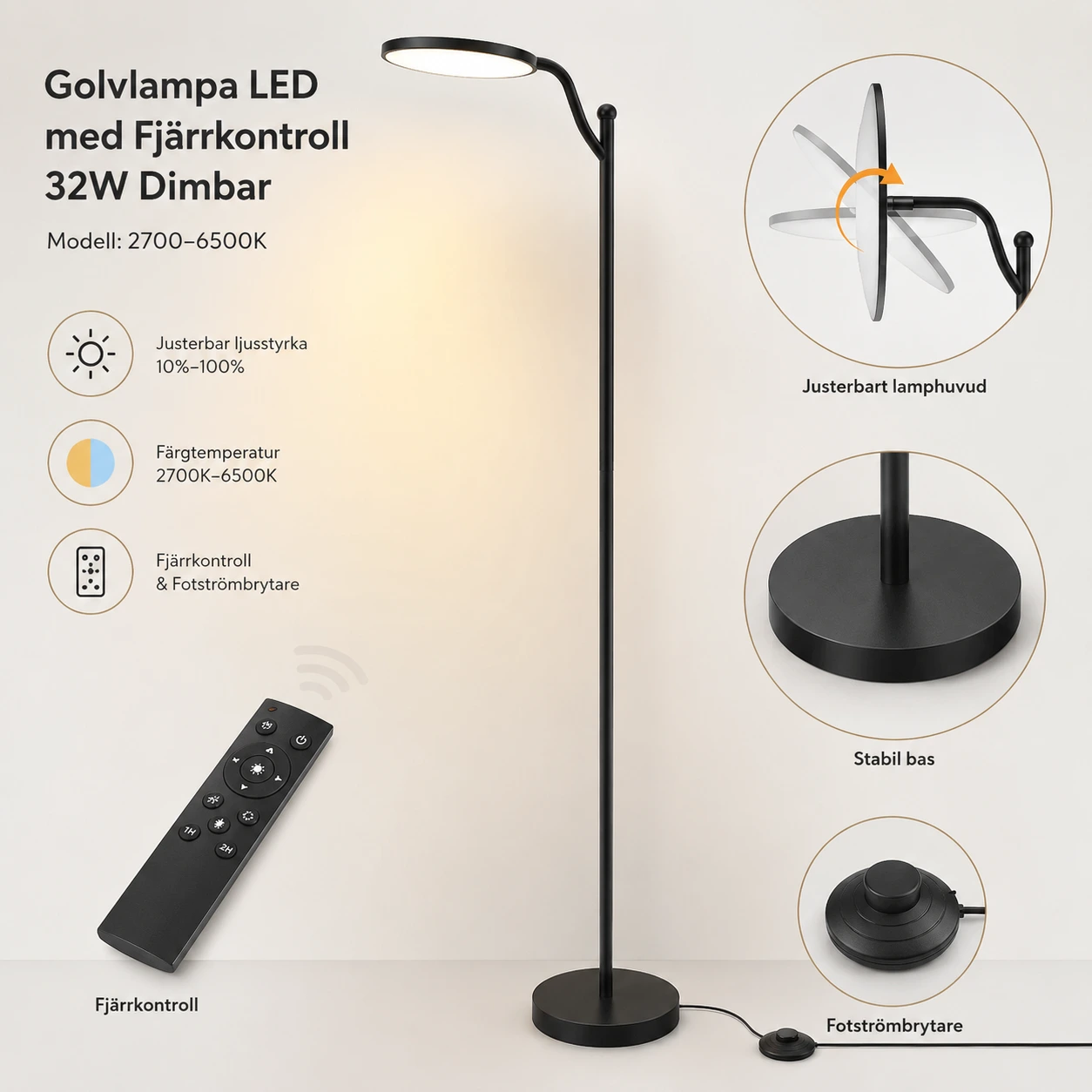 Golvlampa LED med Fjärrkontroll 32W Dimbar