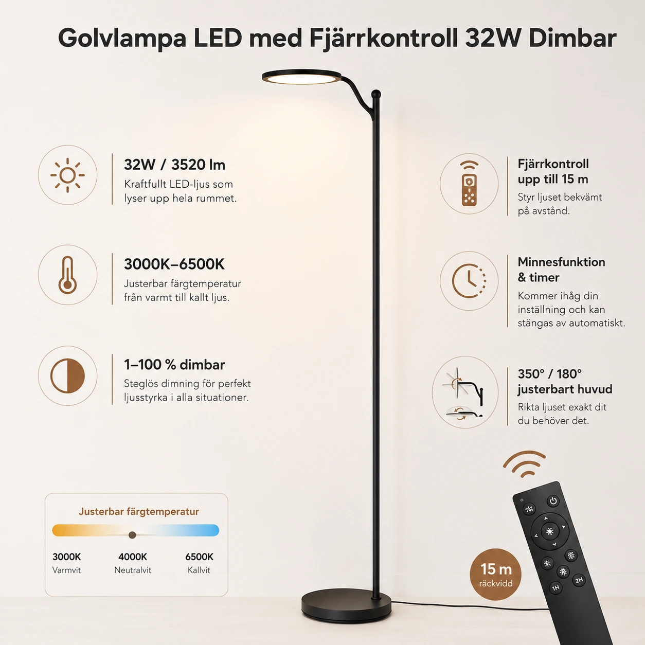 Golvlampa LED med Fjärrkontroll 32W Dimbar