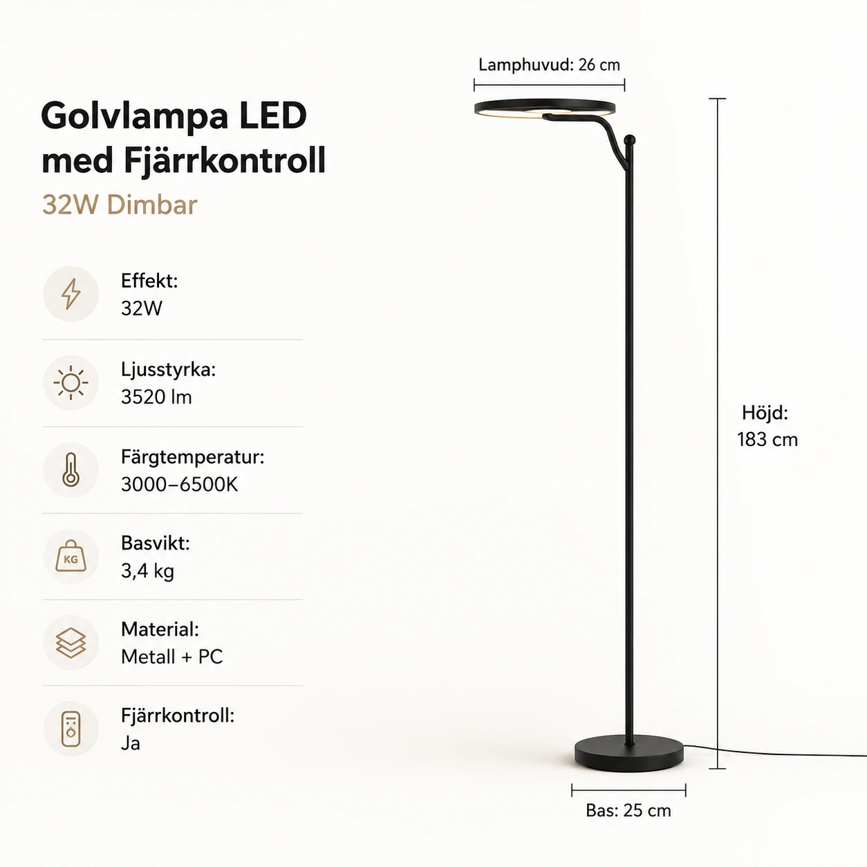 Golvlampa LED med Fjärrkontroll 32W Dimbar
