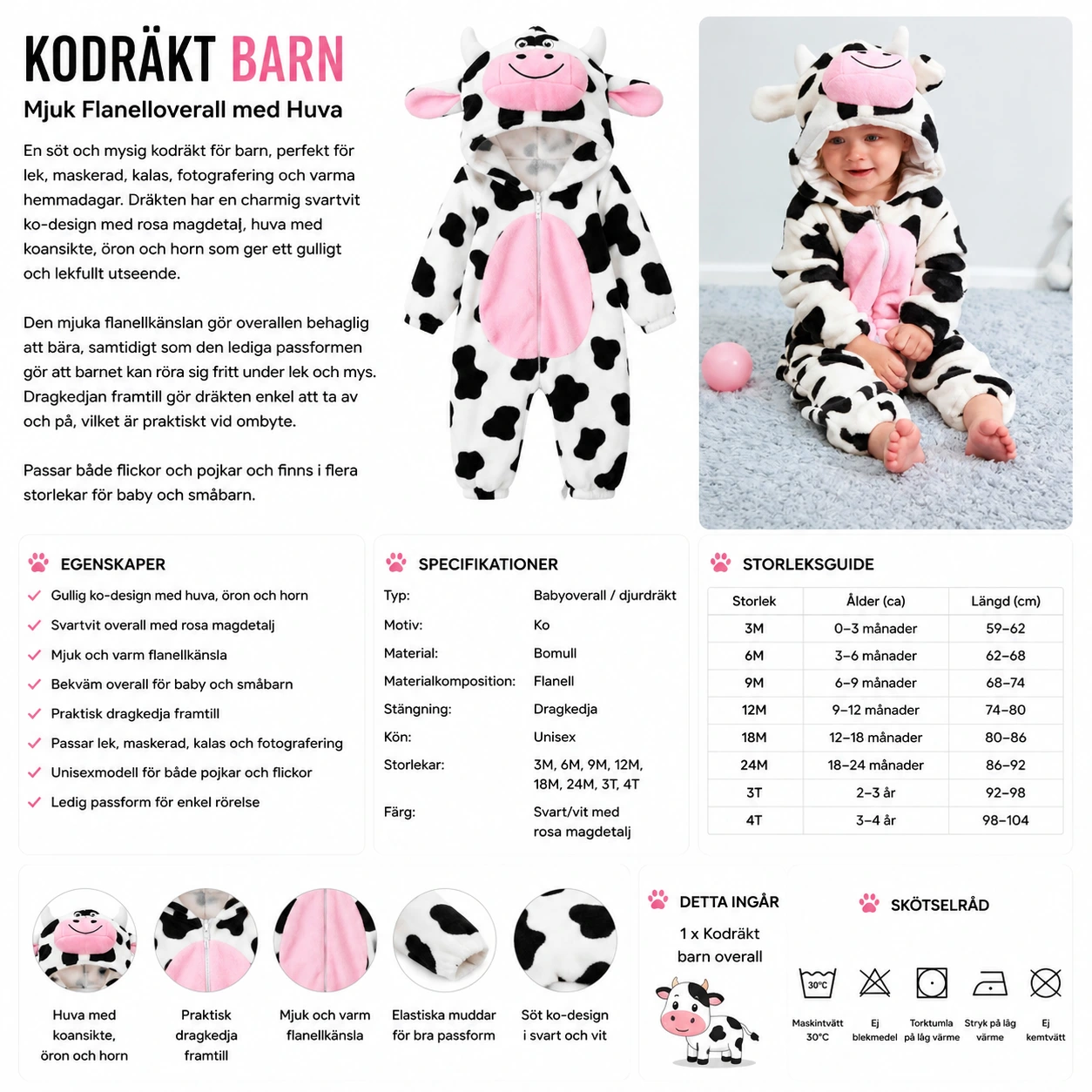Kodräkt Barn – Mjuk Flanelloverall med Huva