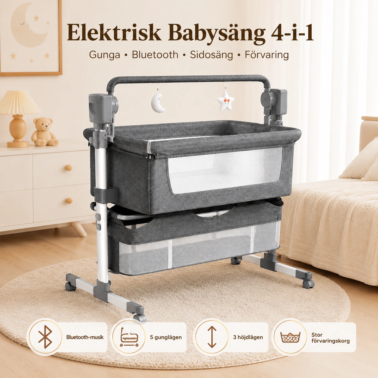 Babysäng 4-i-1 med Gunga och Bluetooth