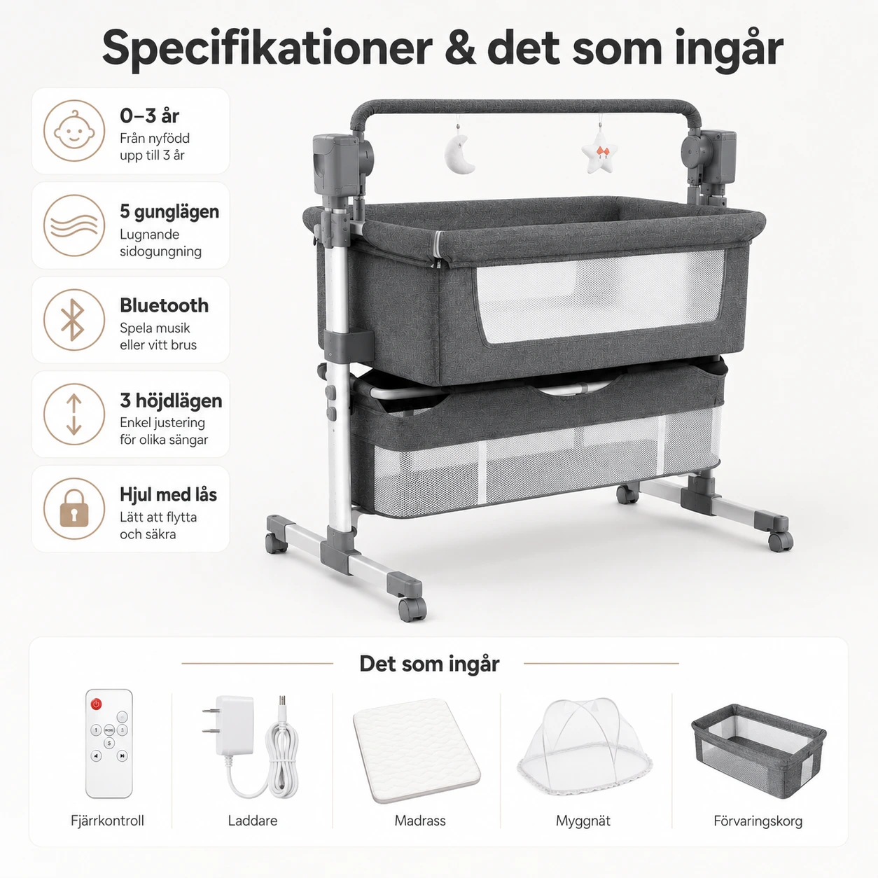 Babysäng 4-i-1 med Gunga och Bluetooth