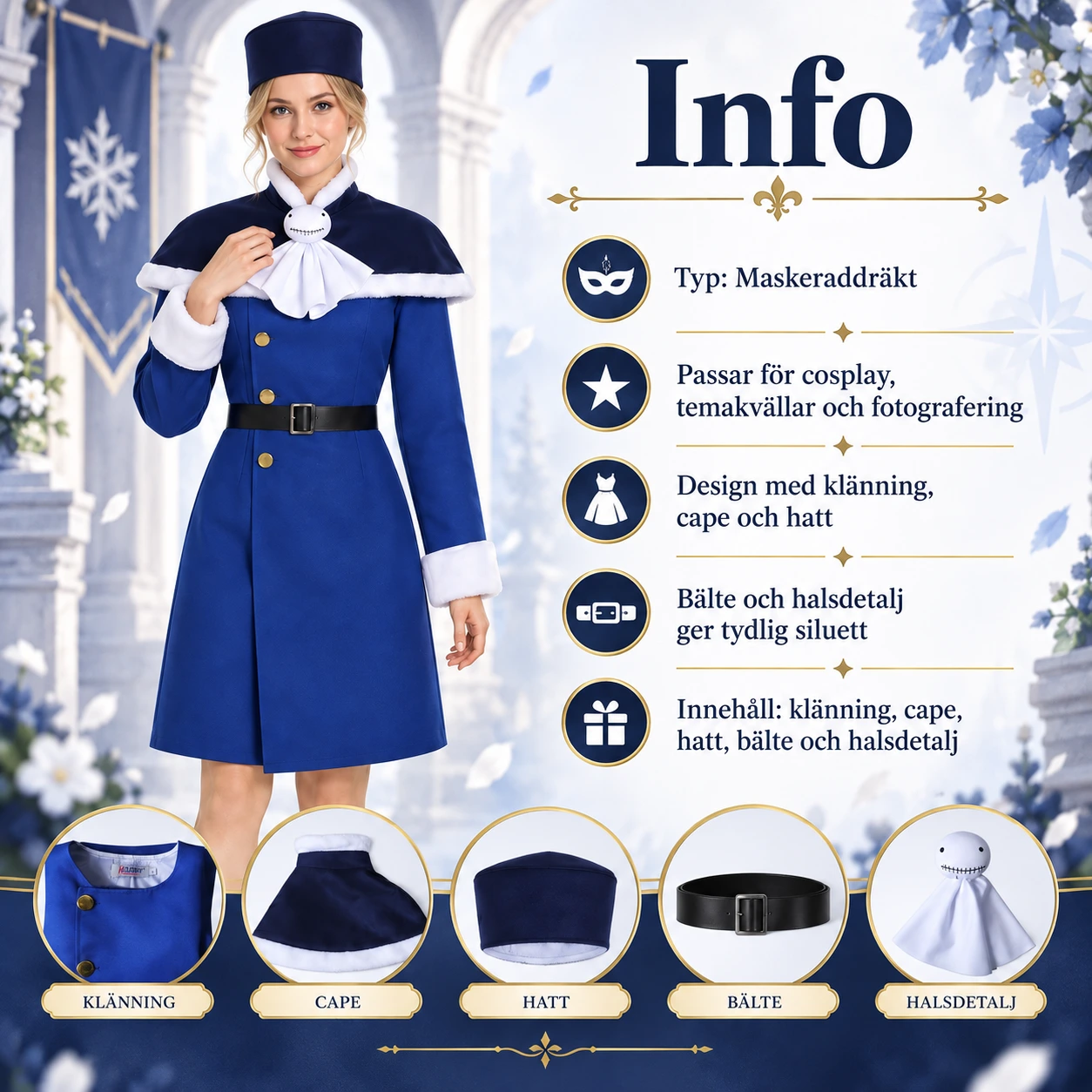 Sininen cosplaymekko viitalla, hatulla ja vyöllä
