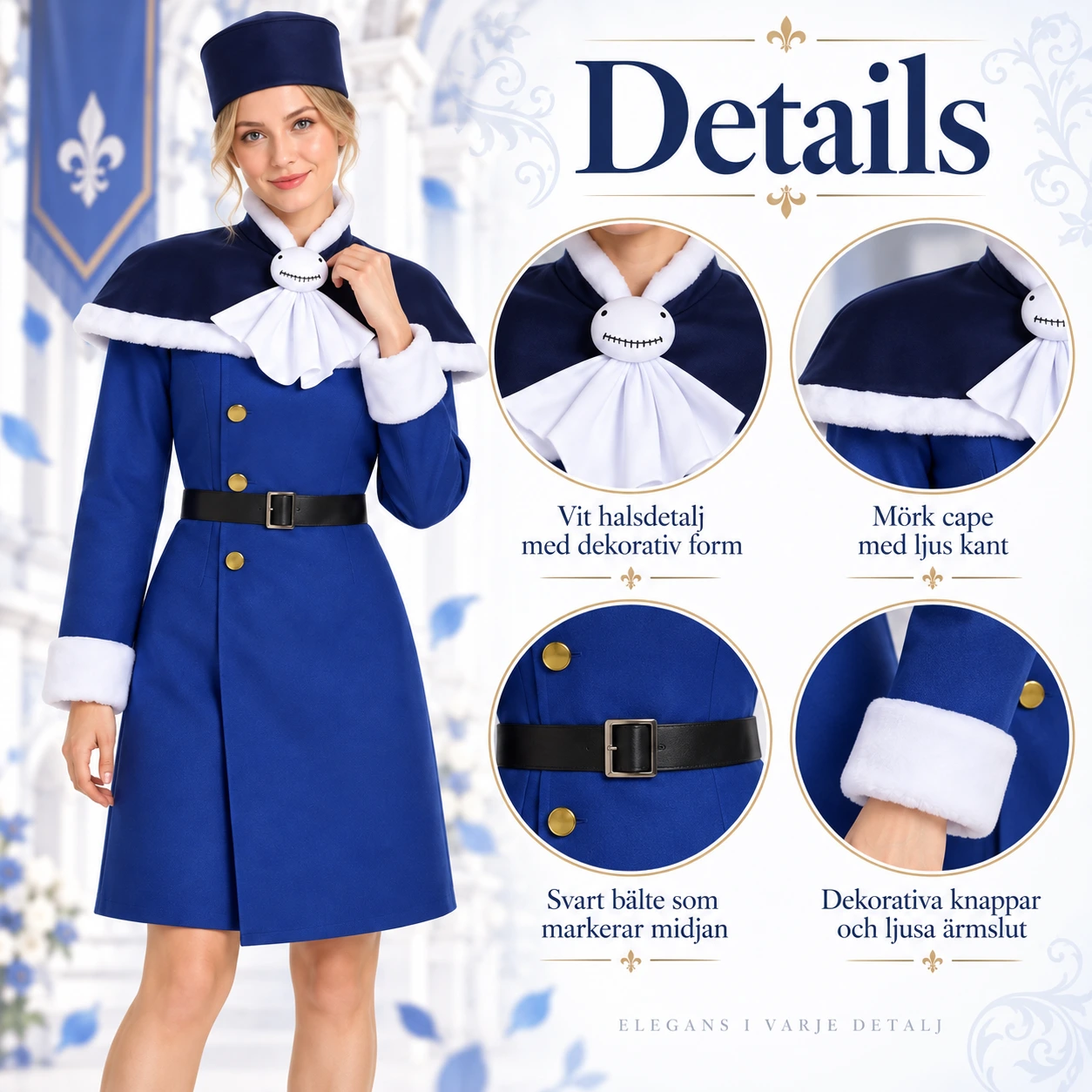 Sininen cosplaymekko viitalla, hatulla ja vyöllä