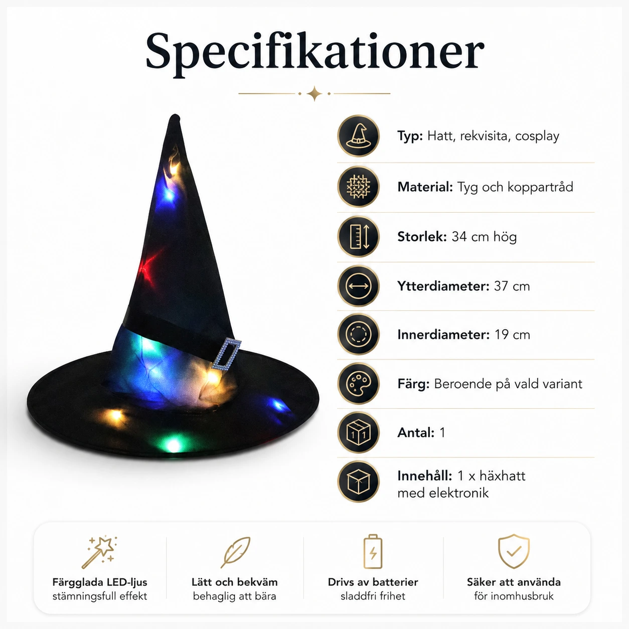 LED-häxhatt för Halloween och maskerad