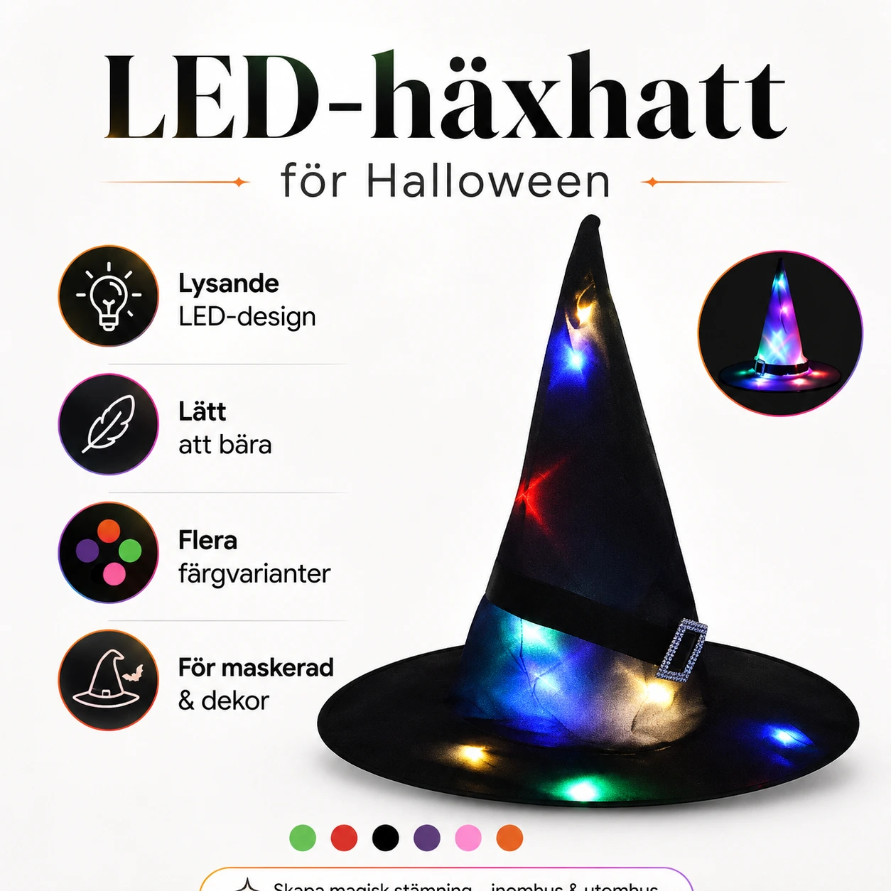 LED-häxhatt för Halloween och maskerad