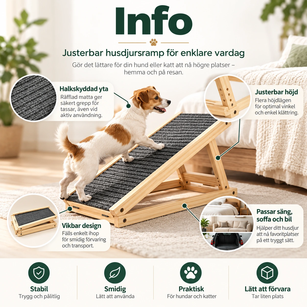 Justerbar husdjursramp i trä med halkskydd och vikbar design