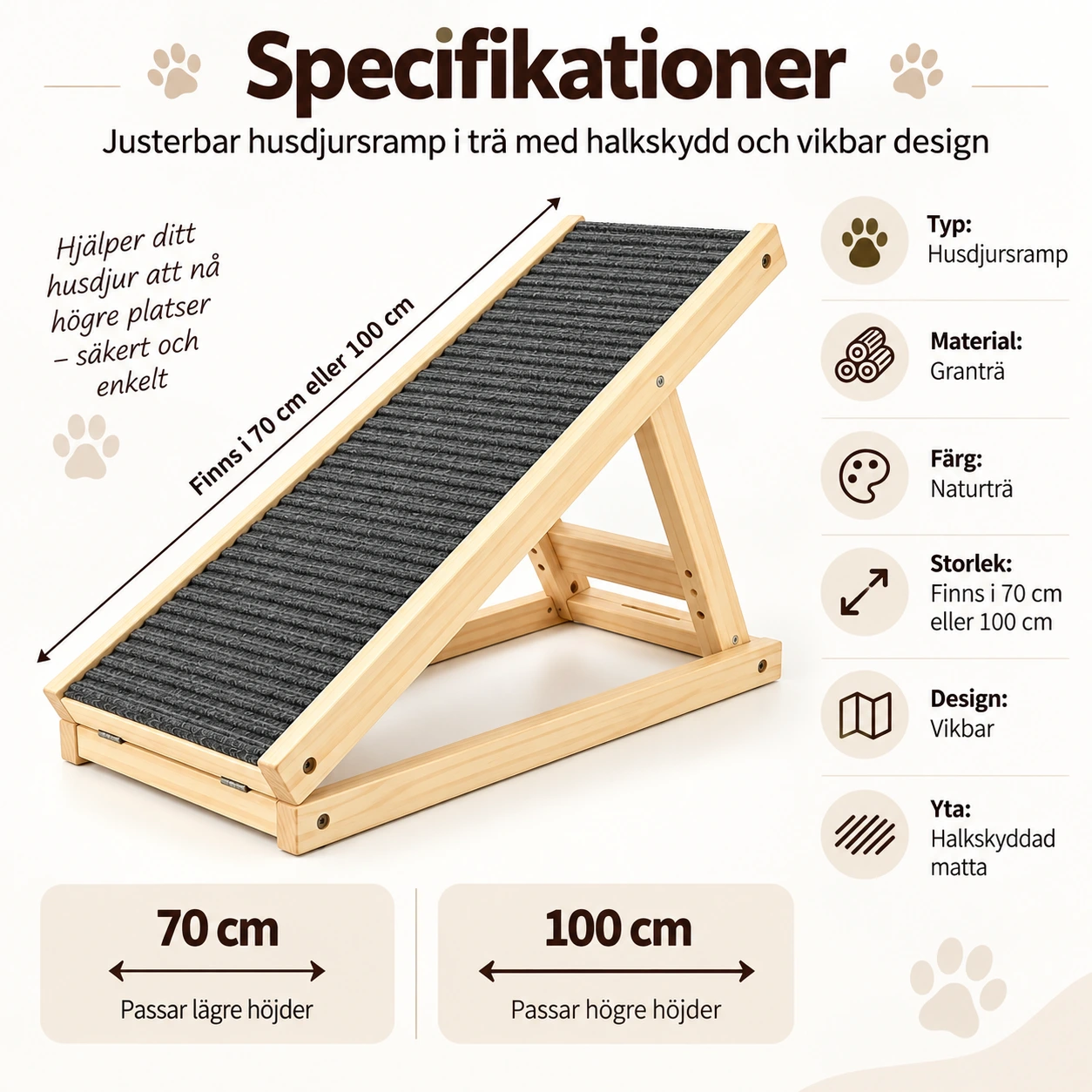 Justerbar husdjursramp i trä med halkskydd och vikbar design