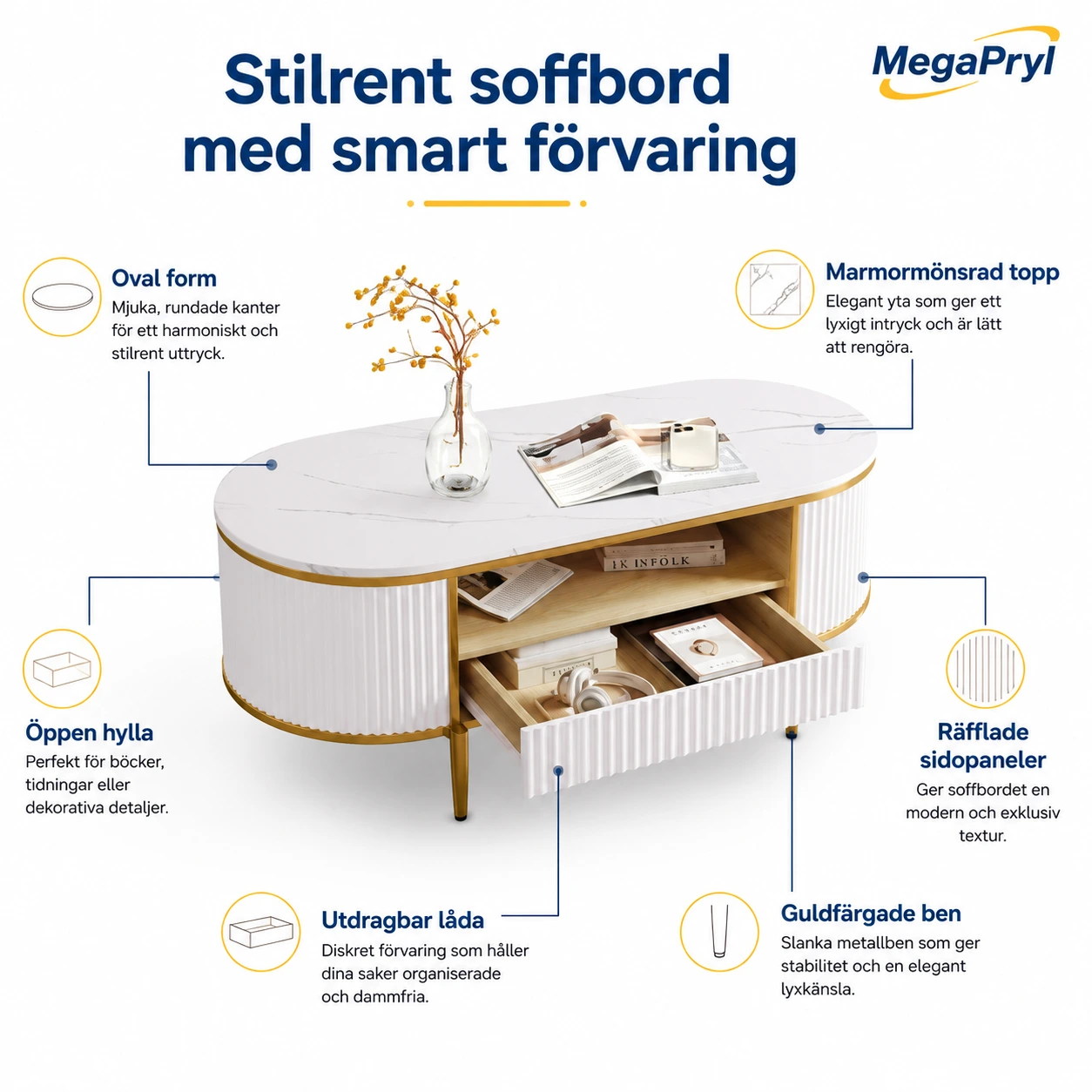 Ovalt soffbord med förvaring och låda