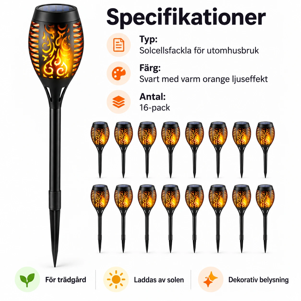 Solcellsfacklor för trädgård med fladdrande ljus 16-pack