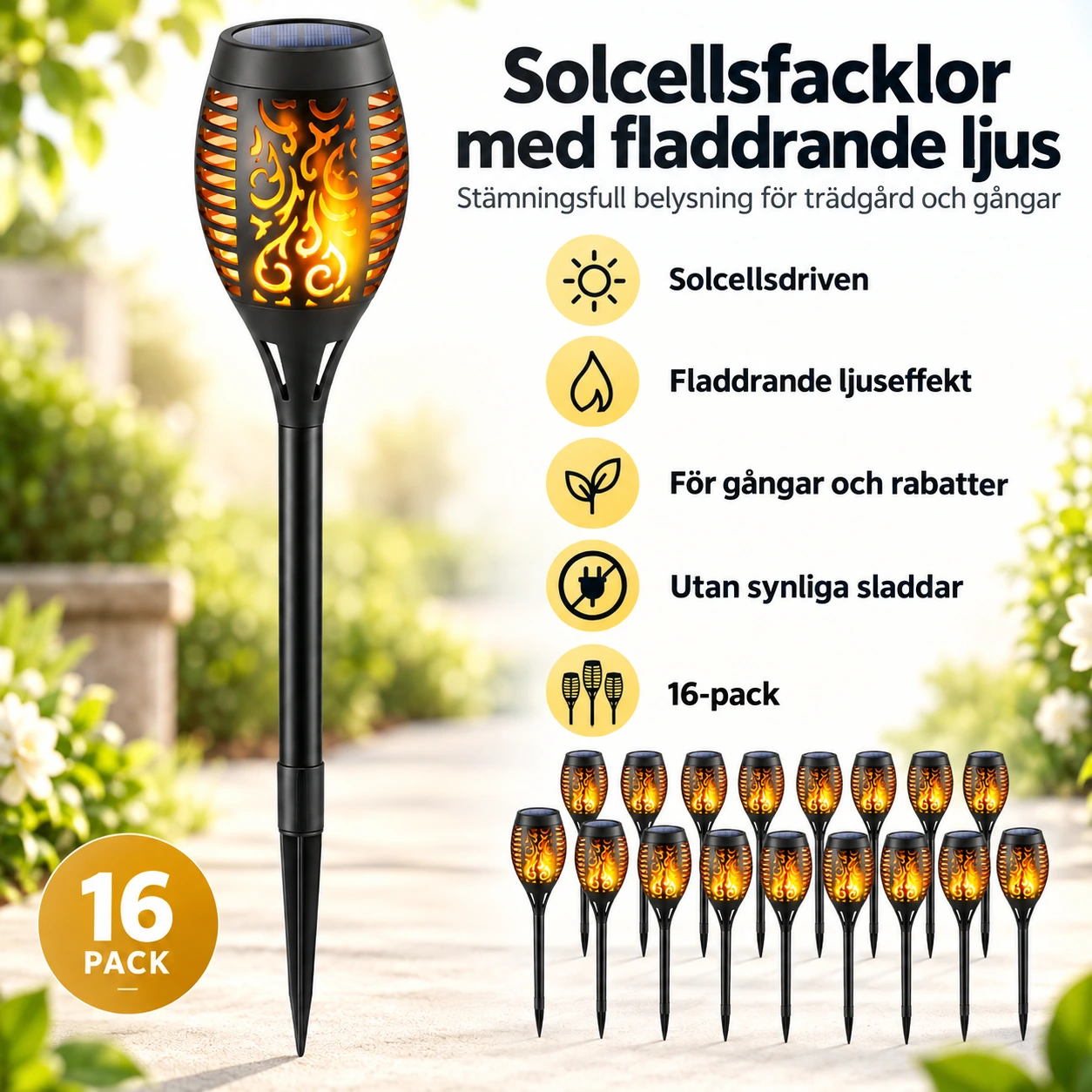 Solcellsfacklor för trädgård med fladdrande ljus 16-pack