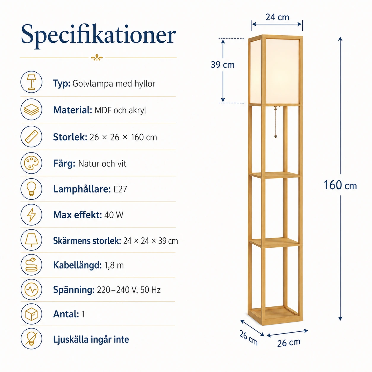 Golvlampa med hyllor och E27-sockel, 160 cm