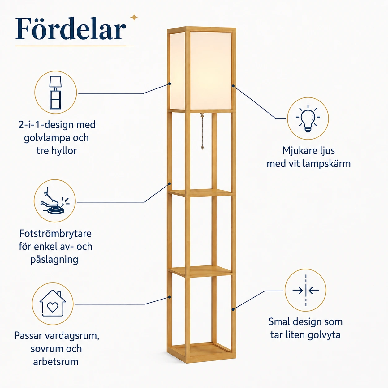 Golvlampa med hyllor och E27-sockel, 160 cm