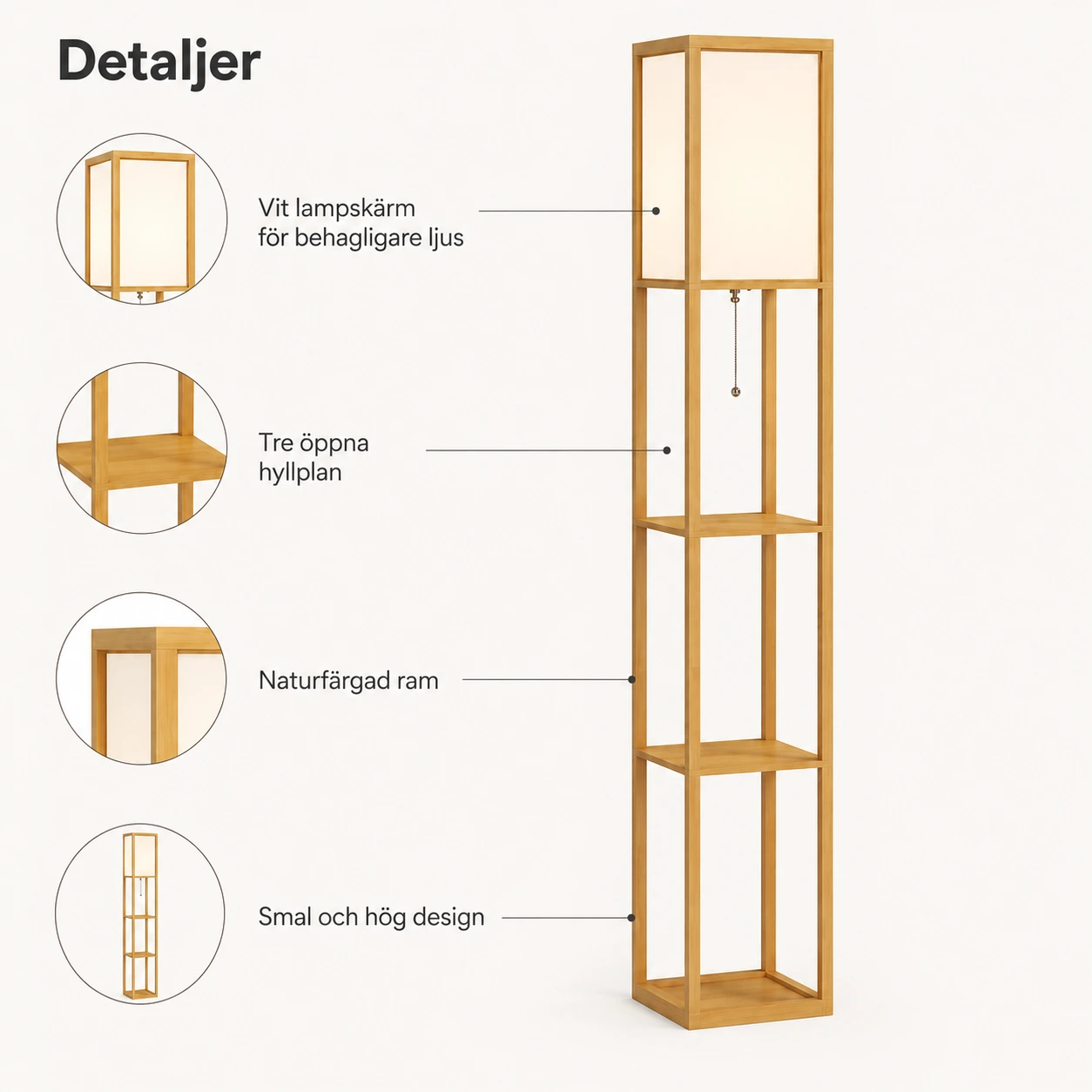 Golvlampa med hyllor och E27-sockel, 160 cm