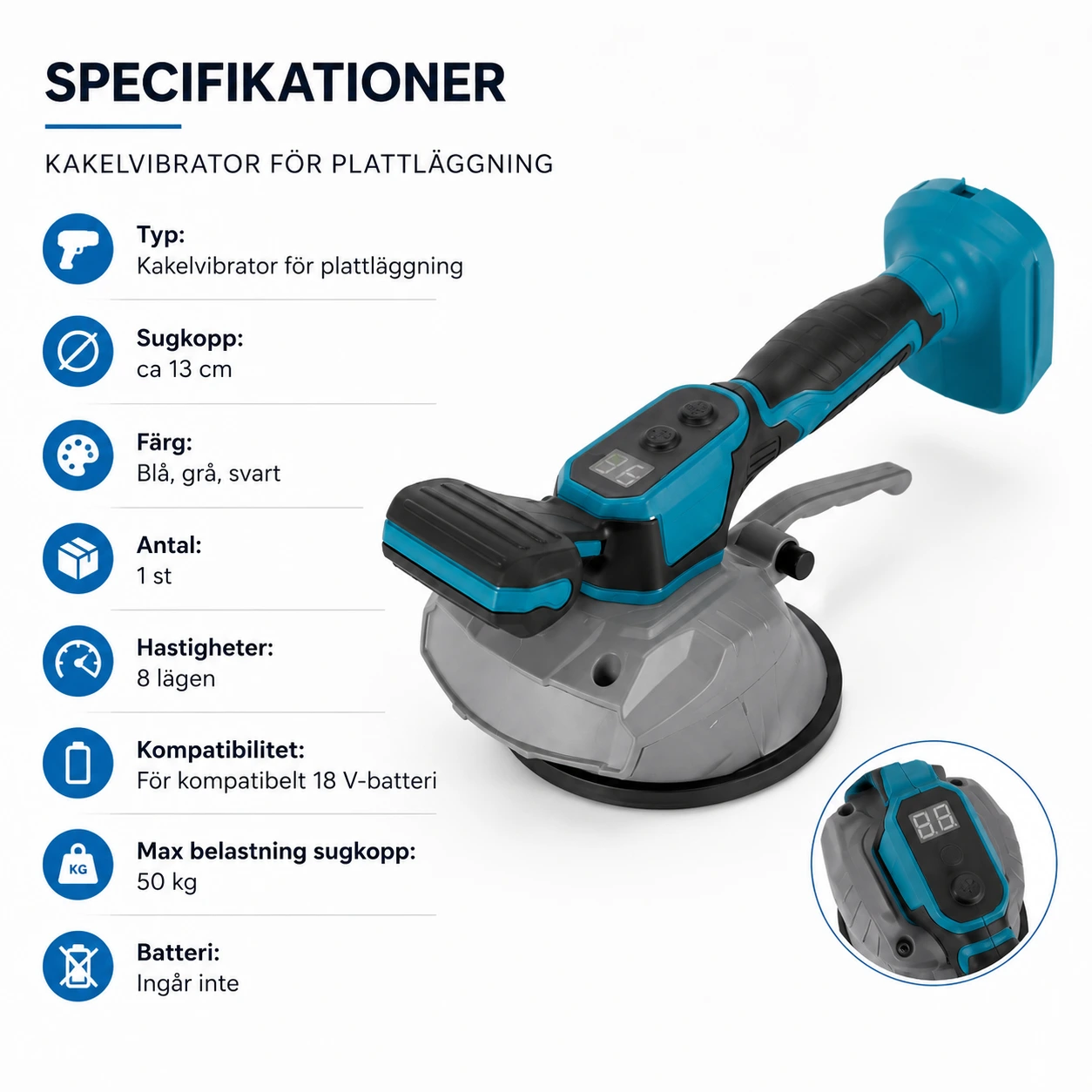 Kakelvibrator 8 Hastigheter för Plattläggning, Batteridriven
