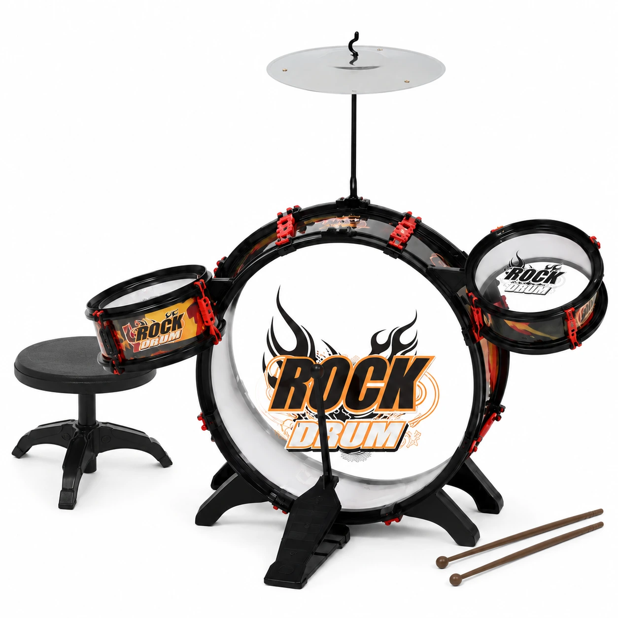 Trumset för barn med pall och cymbal, svart