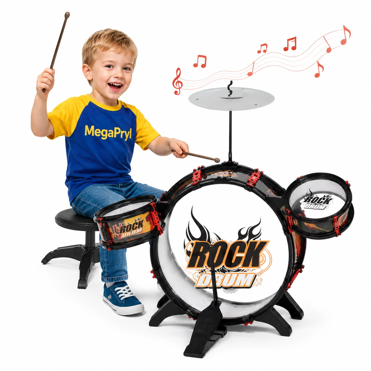 Trumset för barn med pall och cymbal, svart