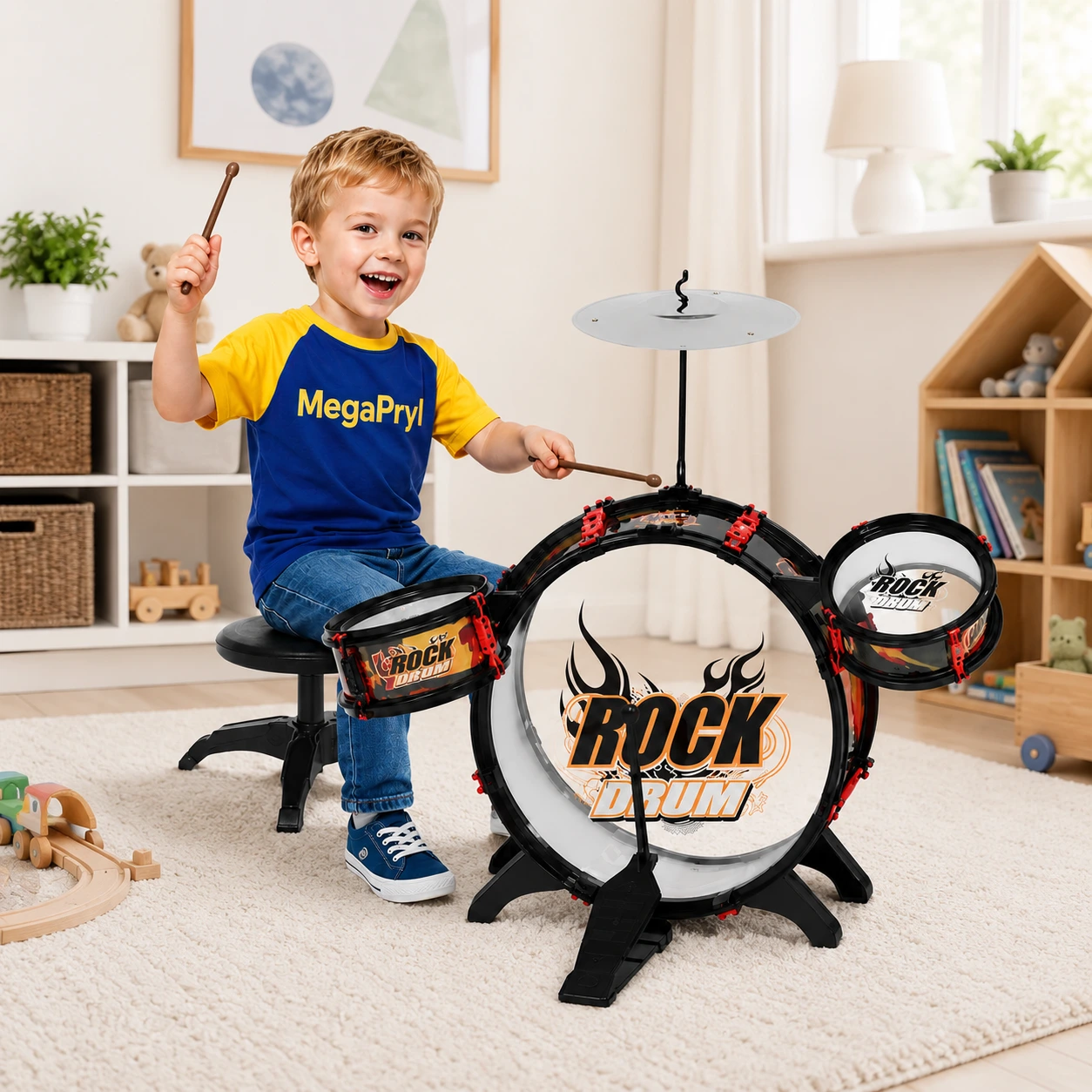 Trumset för barn med pall och cymbal, svart