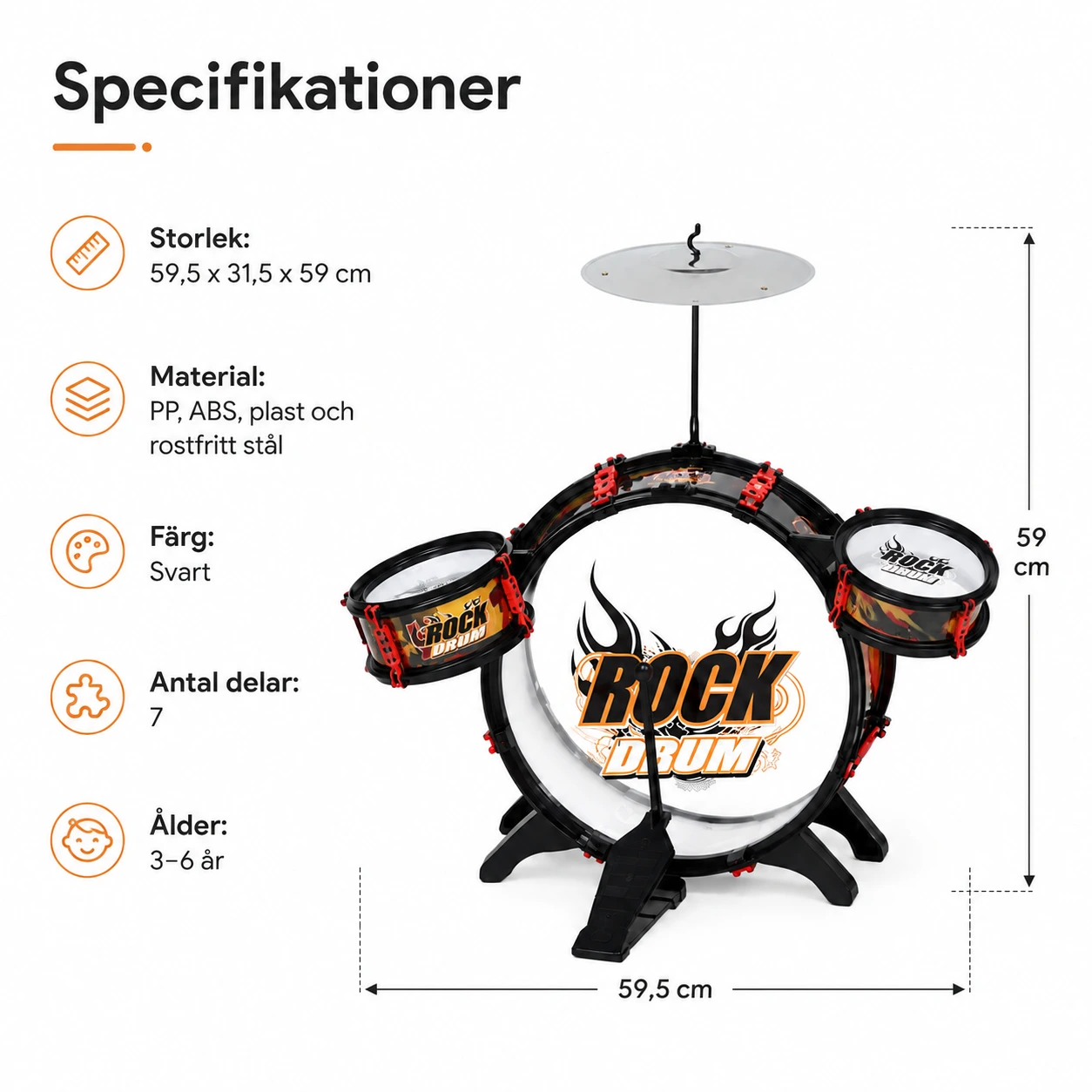 Trumset för barn med pall och cymbal, svart