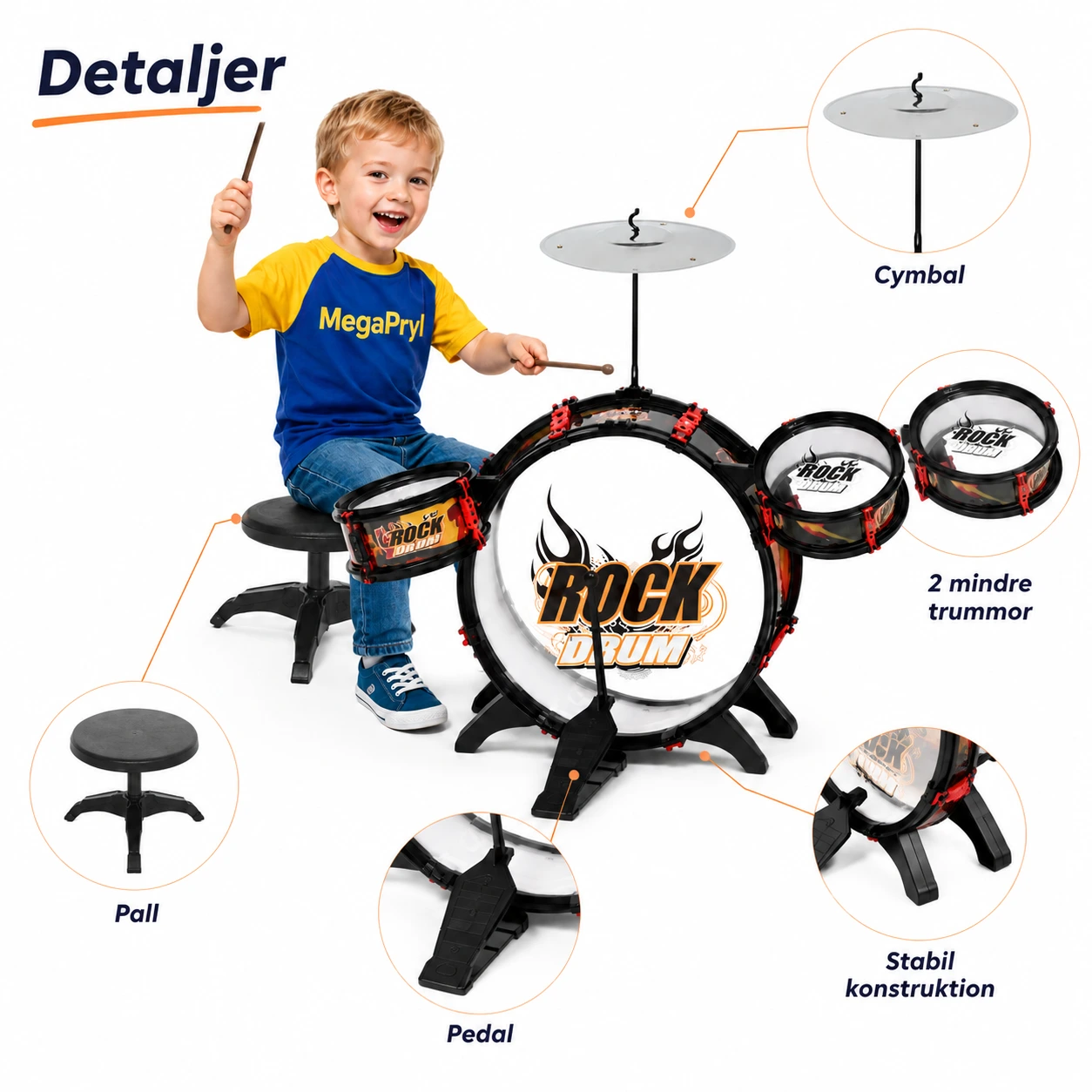 Trumset för barn med pall och cymbal, svart