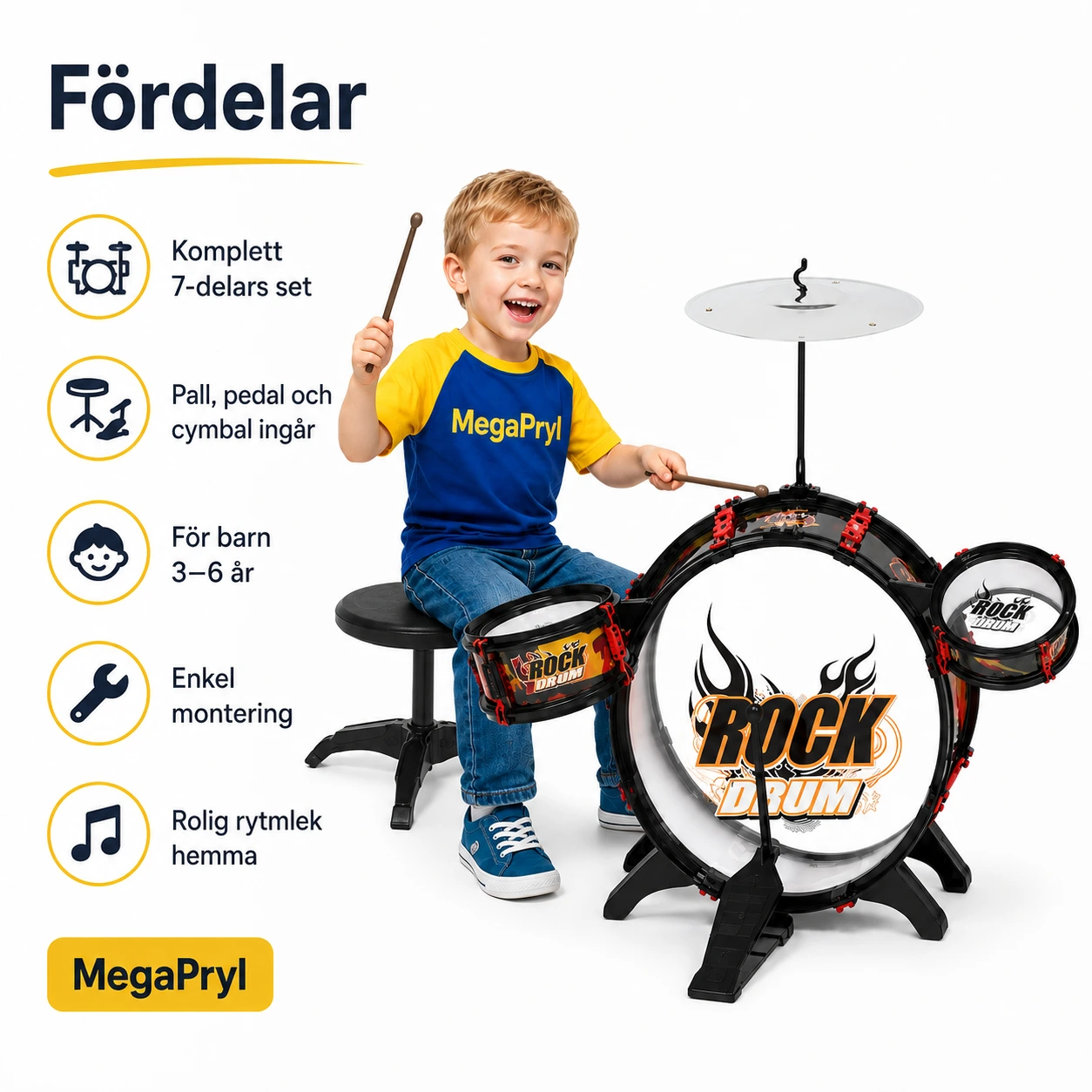 Trumset för barn med pall och cymbal, svart