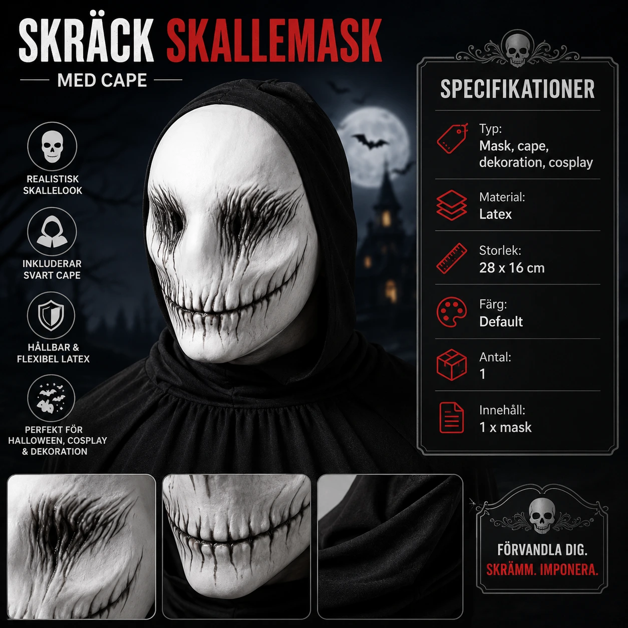 Skull mask för Halloween i latex