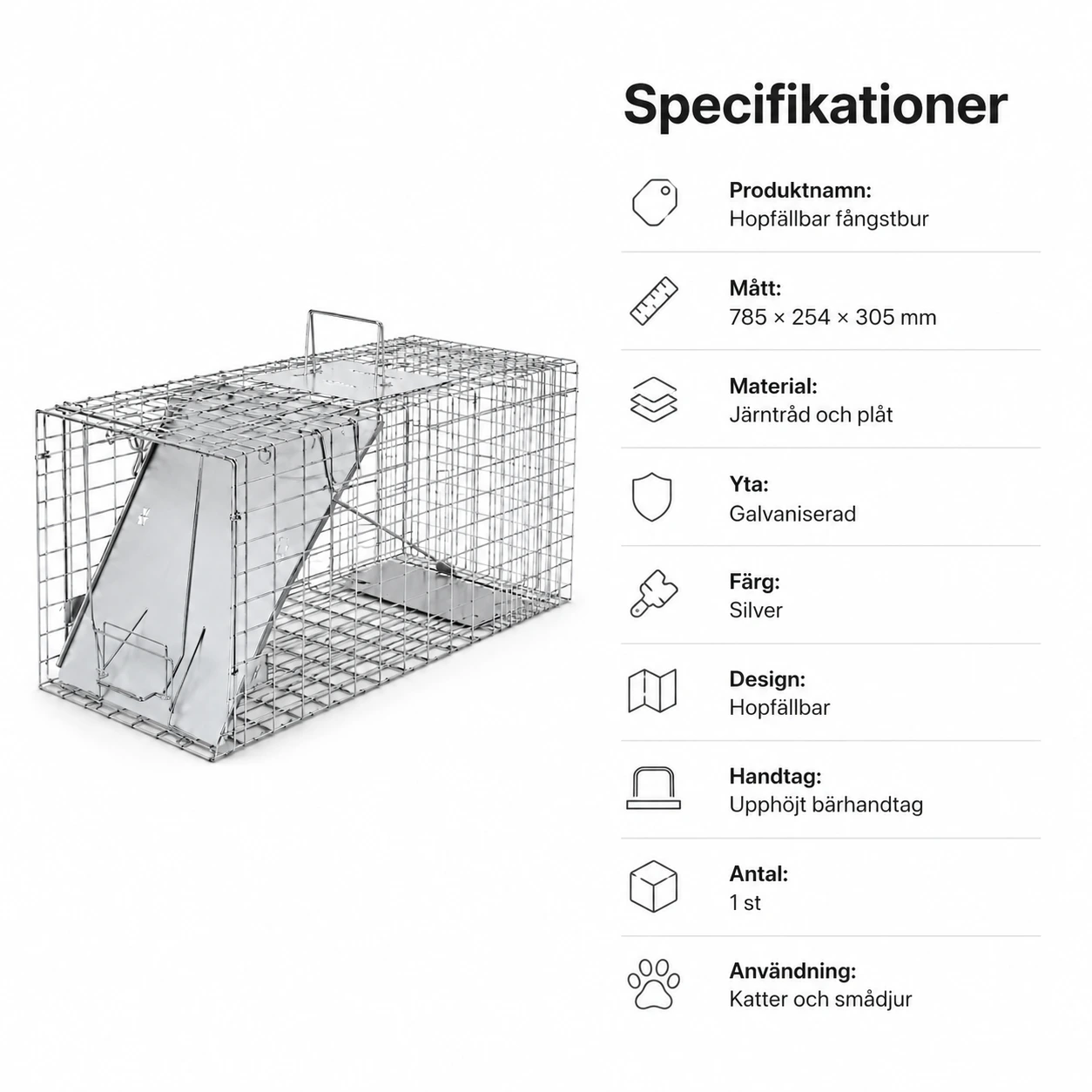 Hopfällbar fångstbur för katter och smådjur