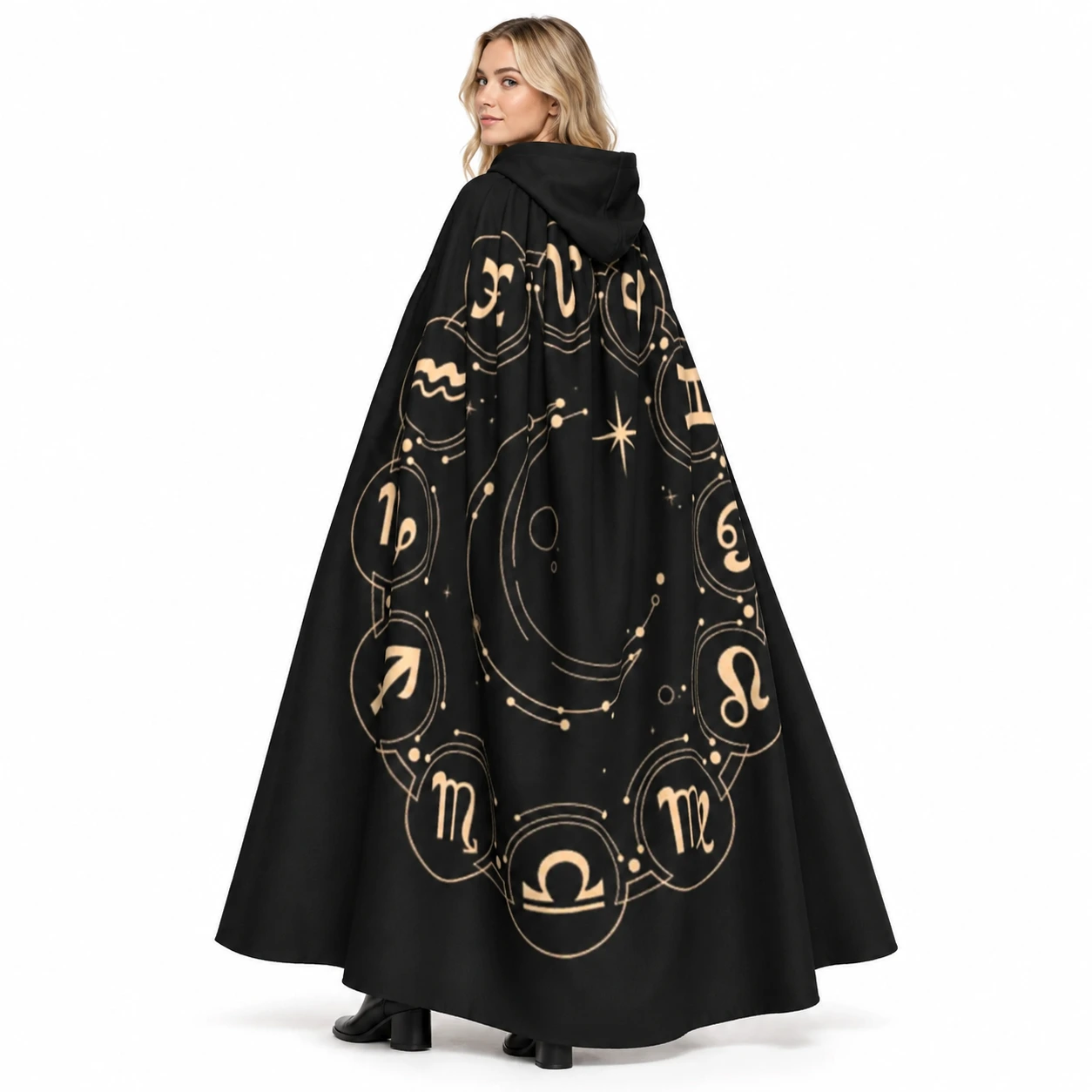Svart Astrologimantel med Luva och Zodiakmönster