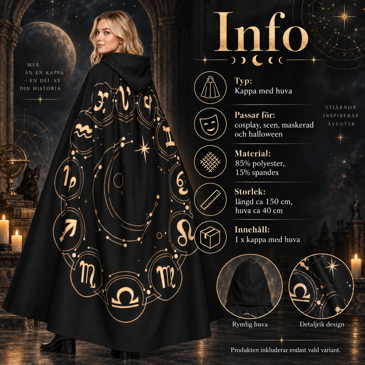 Svart Astrologimantel med Luva och Zodiakmönster
