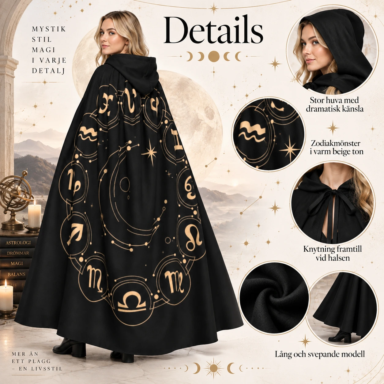 Svart Astrologimantel med Luva och Zodiakmönster
