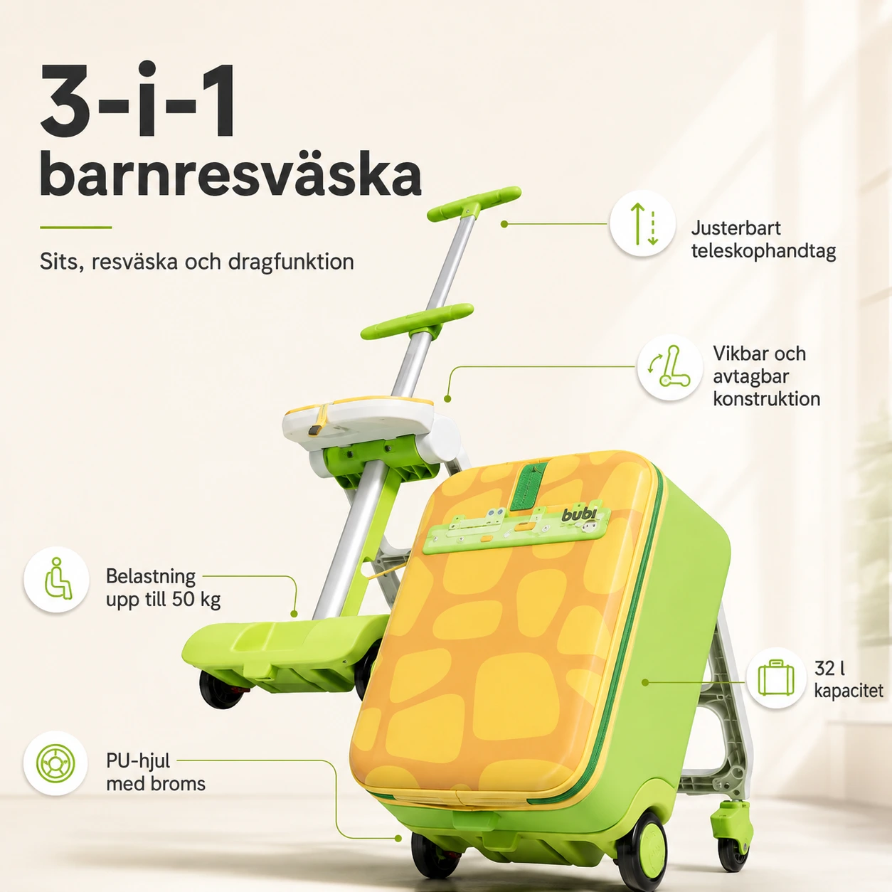 3-i-1 barnresväska med sits och teleskophandtag