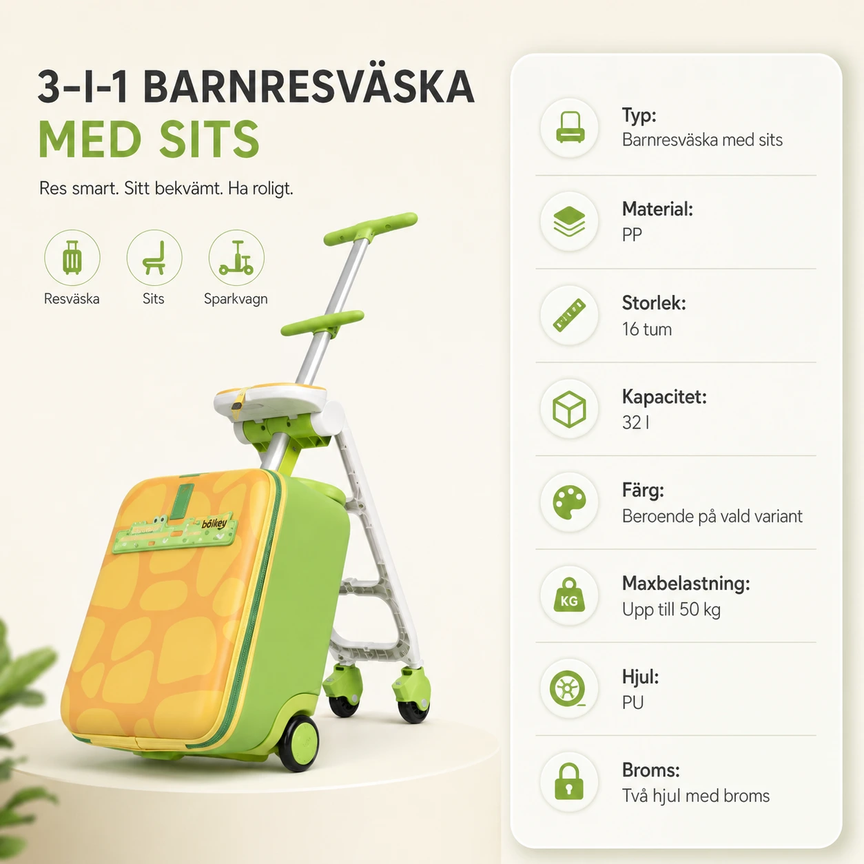 3-i-1 barnresväska med sits och teleskophandtag