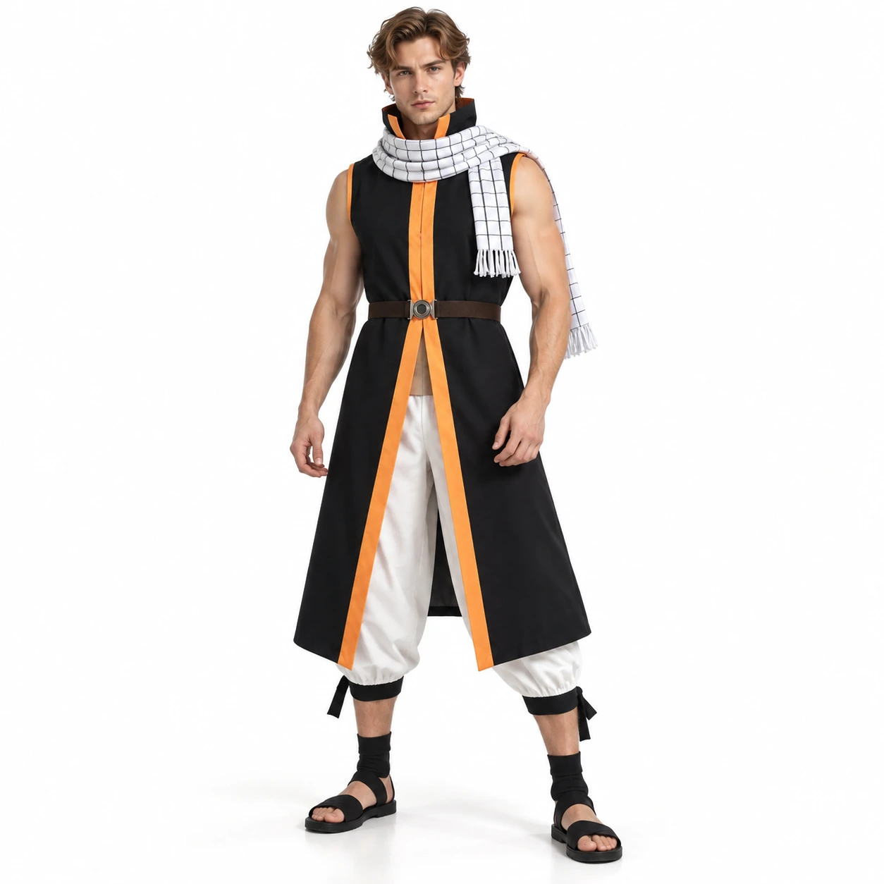 Musta ja oranssi cosplaytakki huivilla ja vyöllä