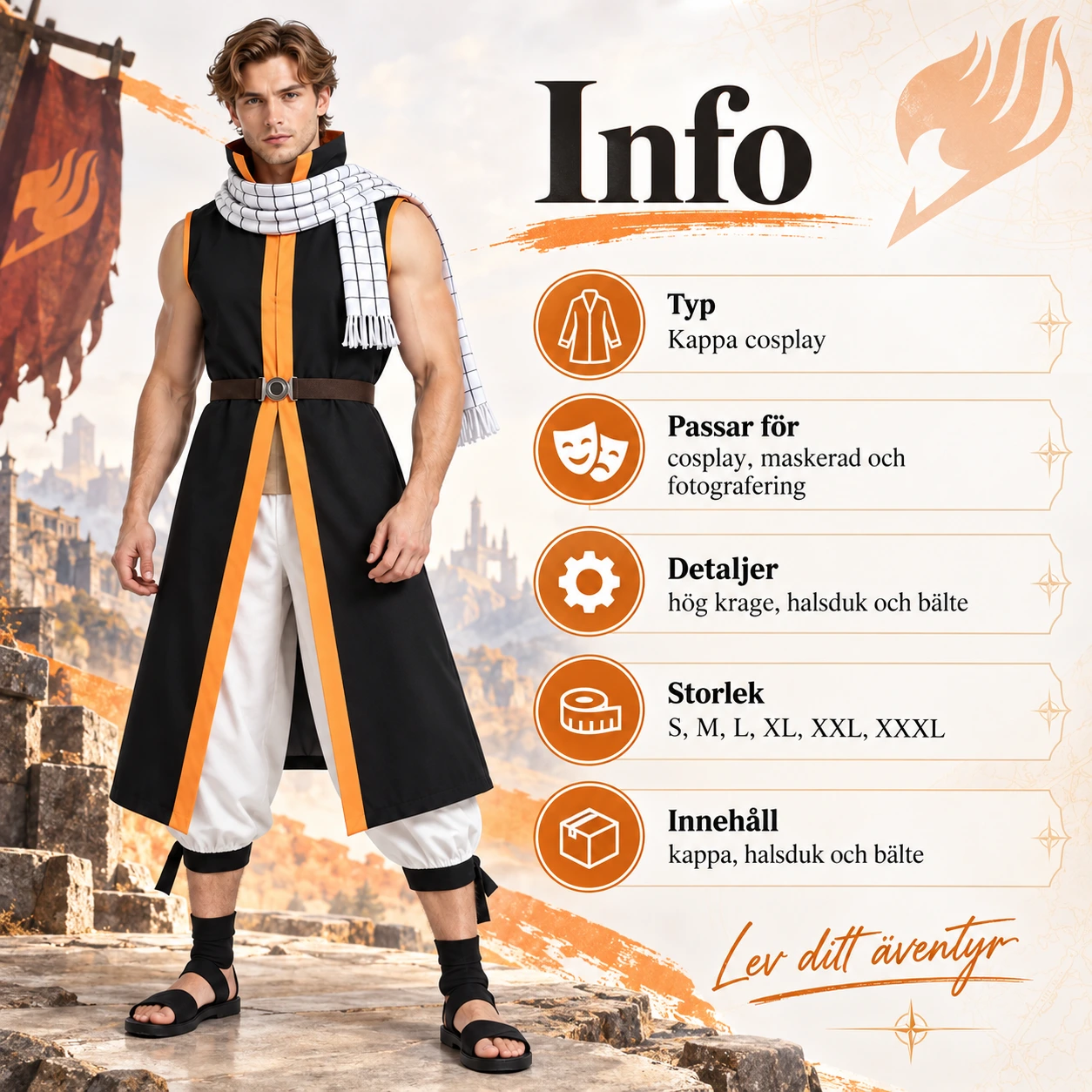 Musta ja oranssi cosplaytakki huivilla ja vyöllä