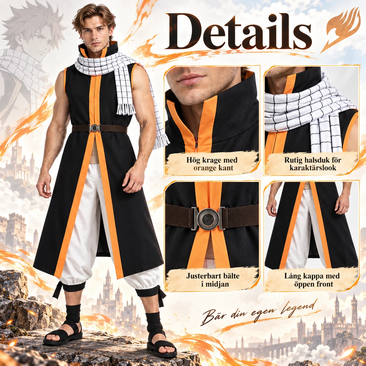 Musta ja oranssi cosplaytakki huivilla ja vyöllä