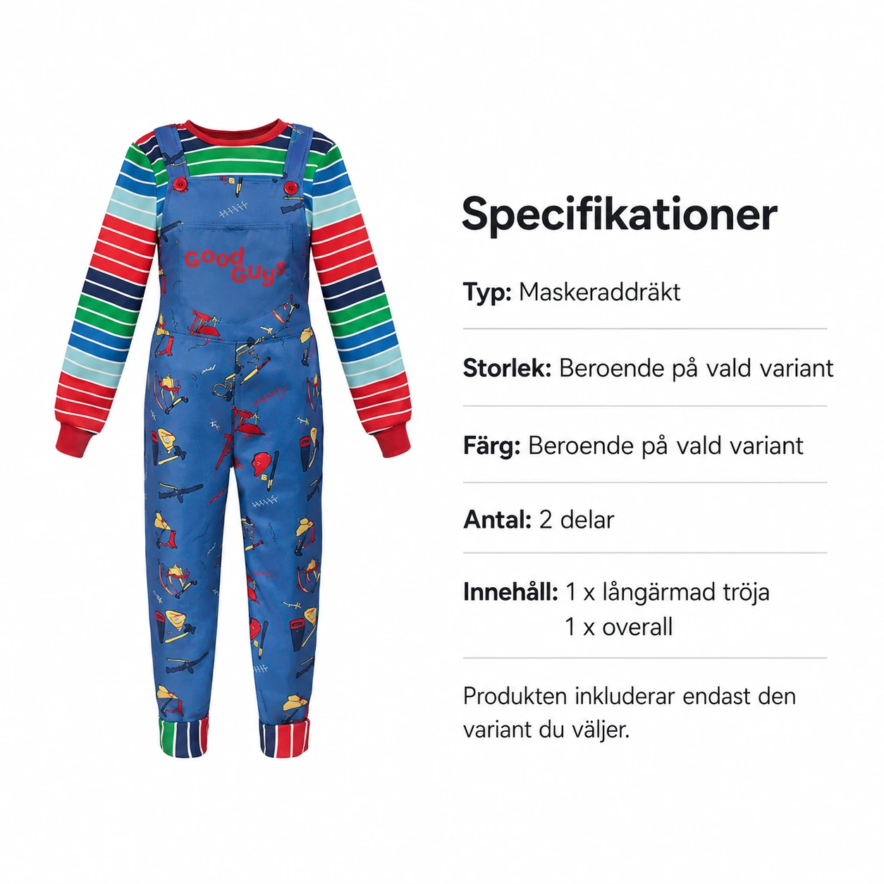 Skräckdocka kostym med randig tröja och overall