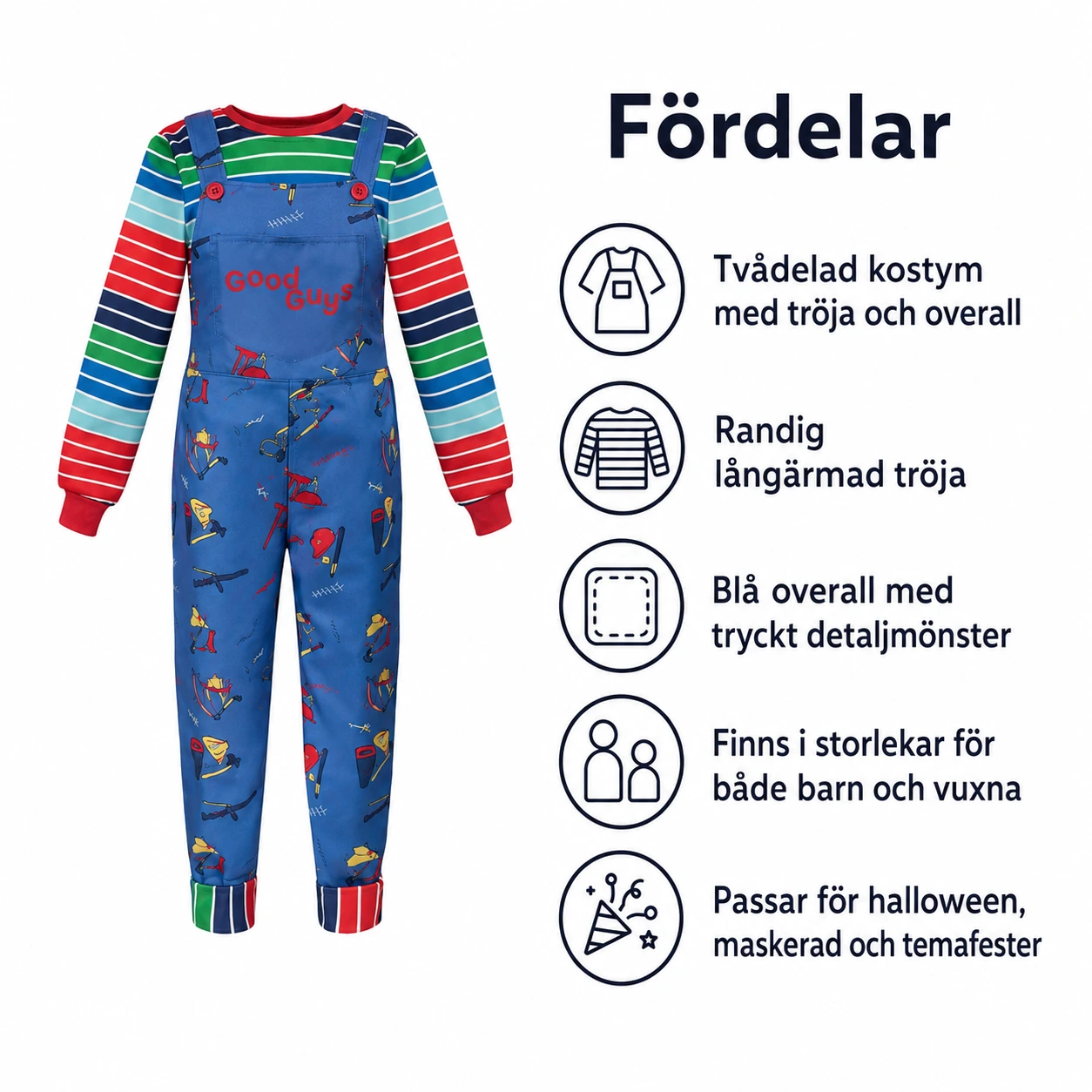 Skräckdocka kostym med randig tröja och overall