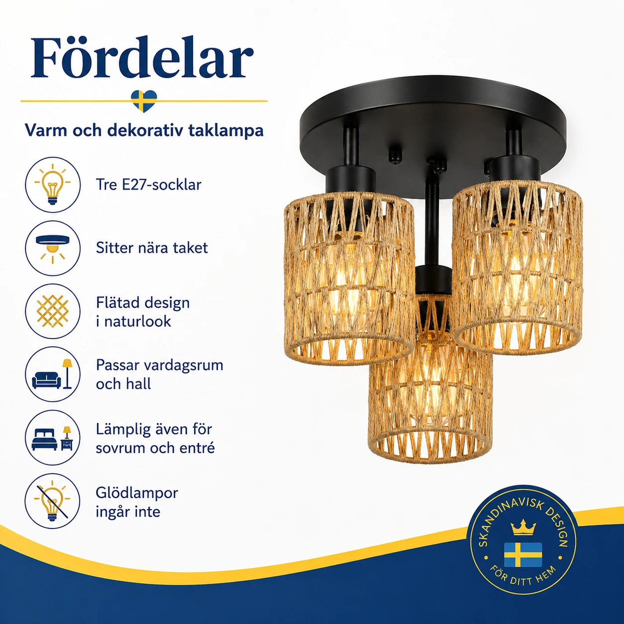 Taklampa med E27-sockel för vardagsrum och hall