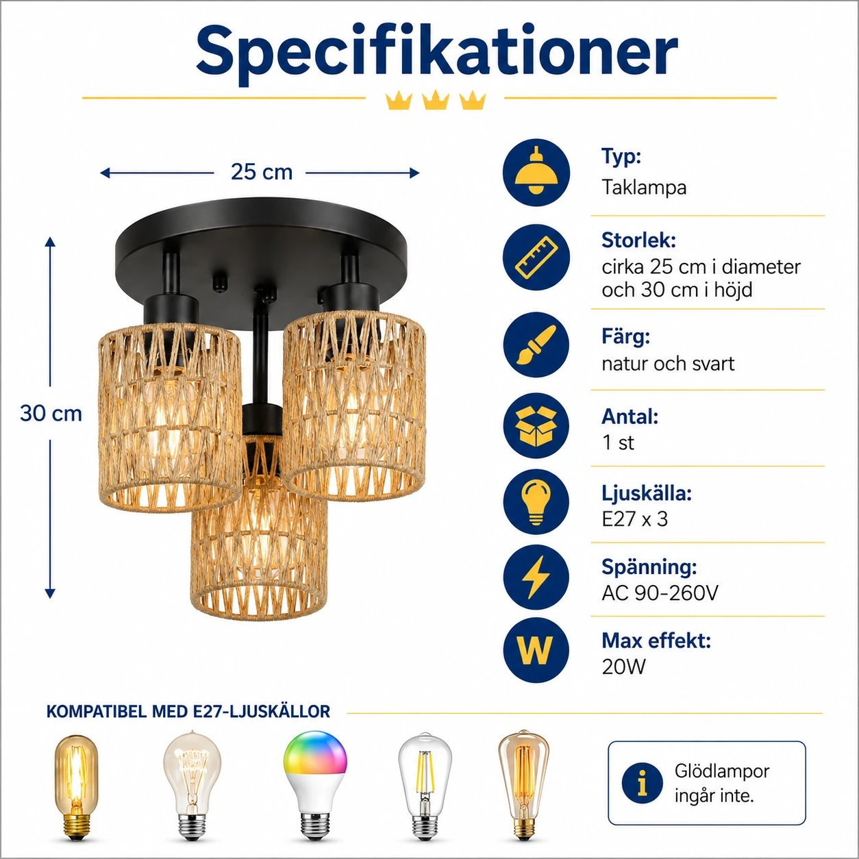 Taklampa med E27-sockel för vardagsrum och hall
