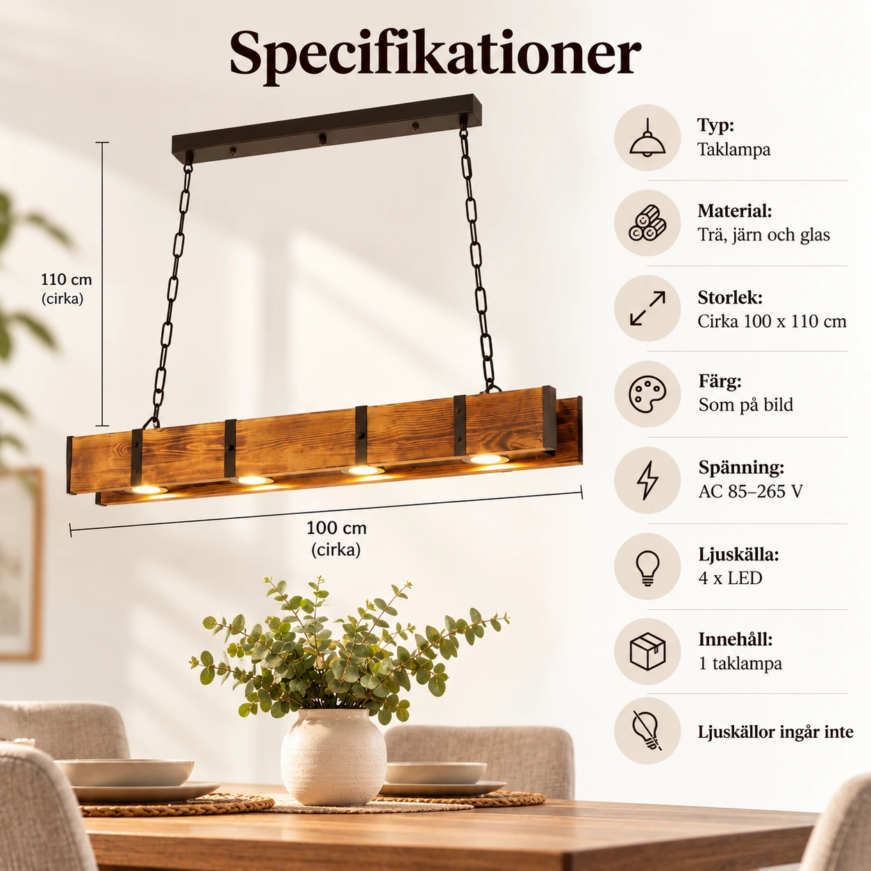 Taklampa i trä för matbord och bar med kedjeupphängning