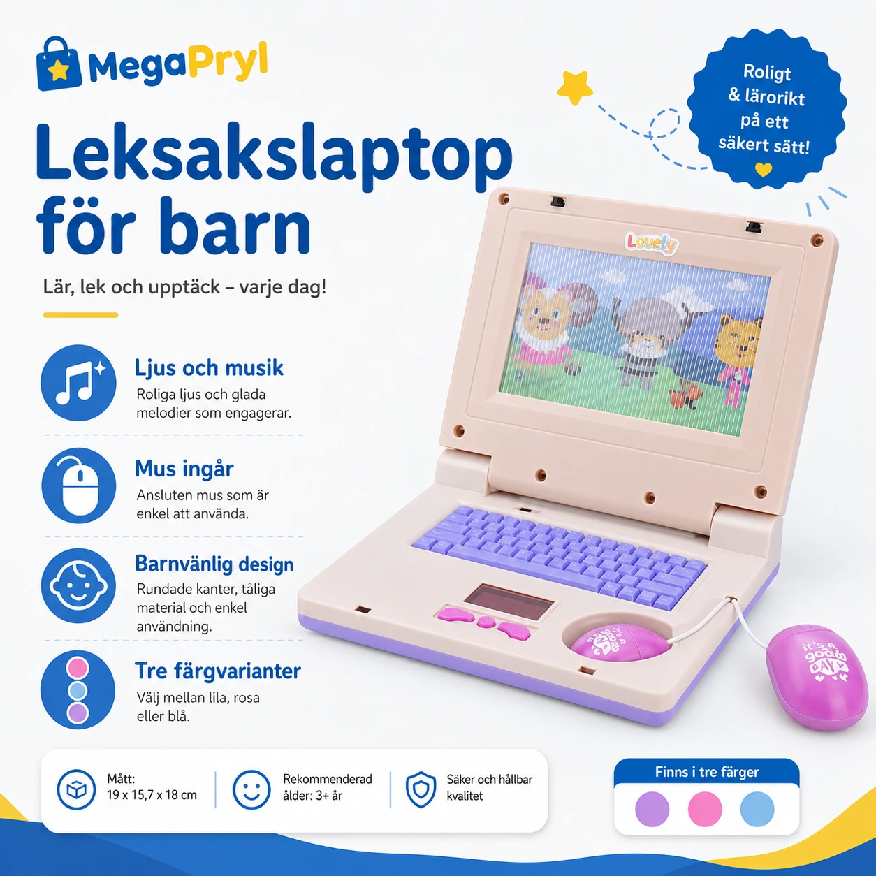 Leksakslaptop för Barn med Ljus, Musik och Mus