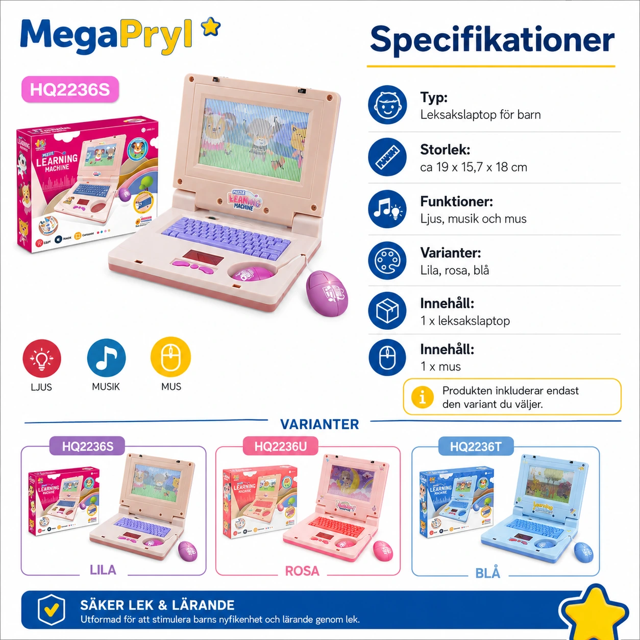 Leksakslaptop för Barn med Ljus, Musik och Mus