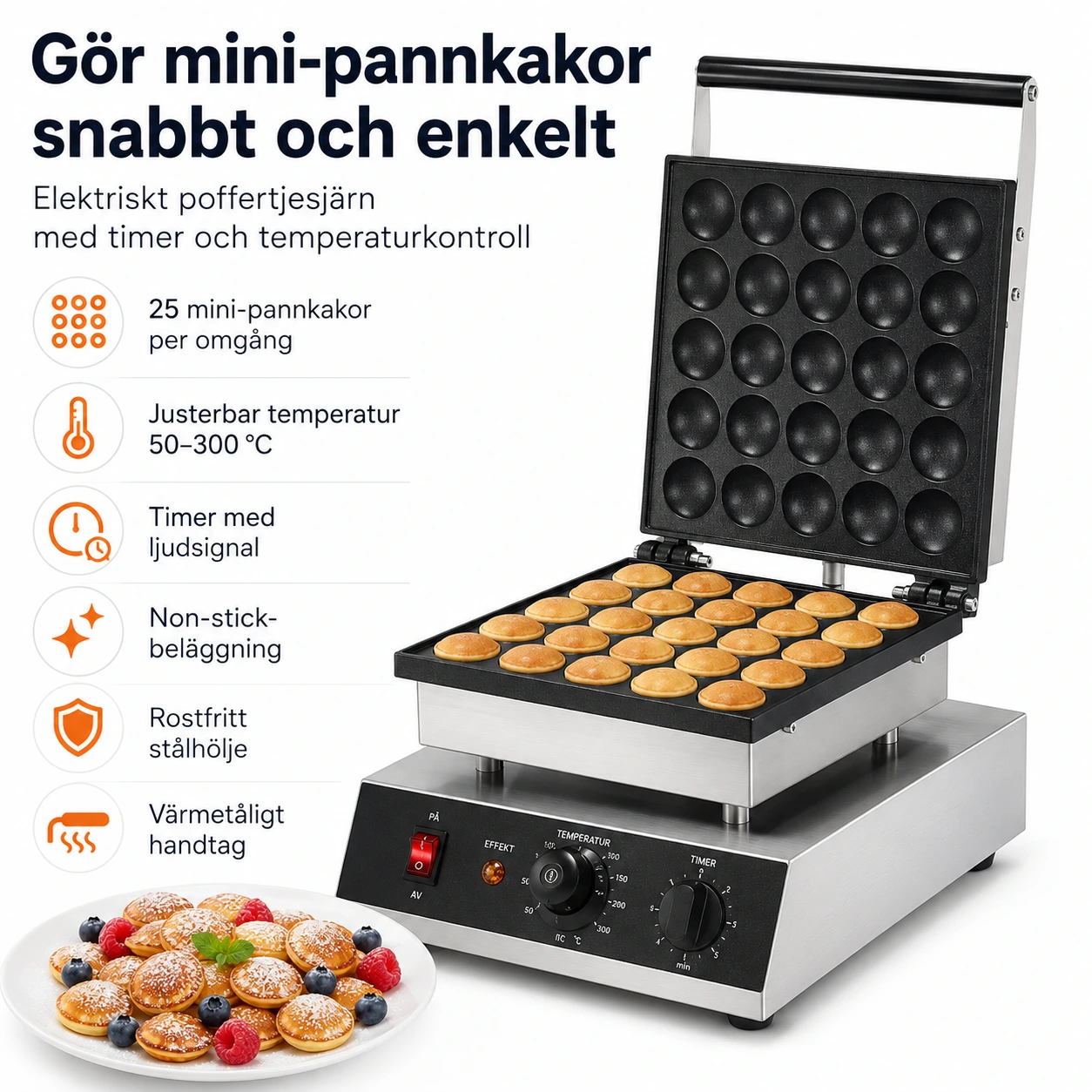 Elektriskt poffertjesjärn med timer och temperaturkontroll