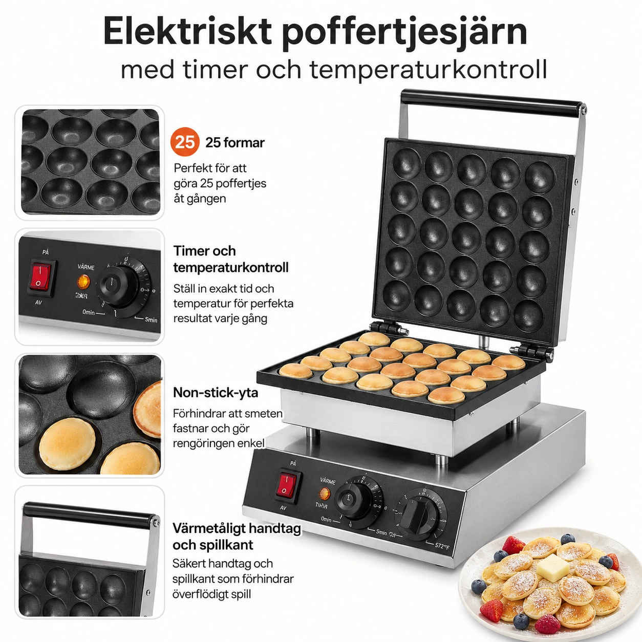 Elektriskt poffertjesjärn med timer och temperaturkontroll