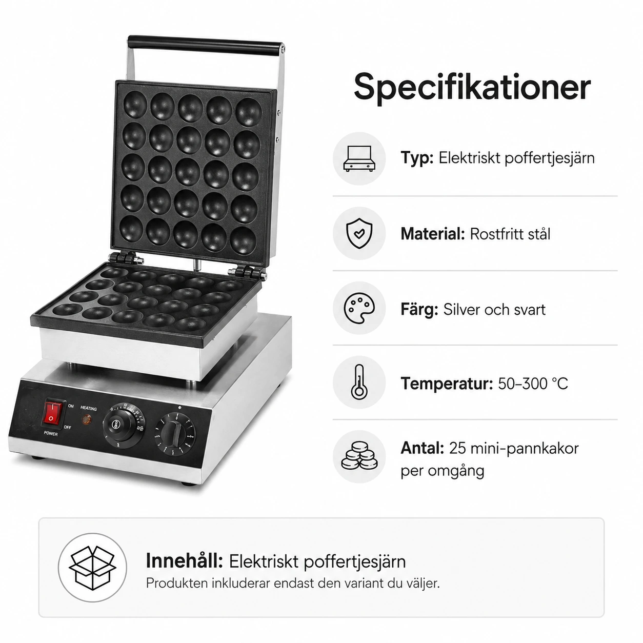 Elektriskt poffertjesjärn med timer och temperaturkontroll