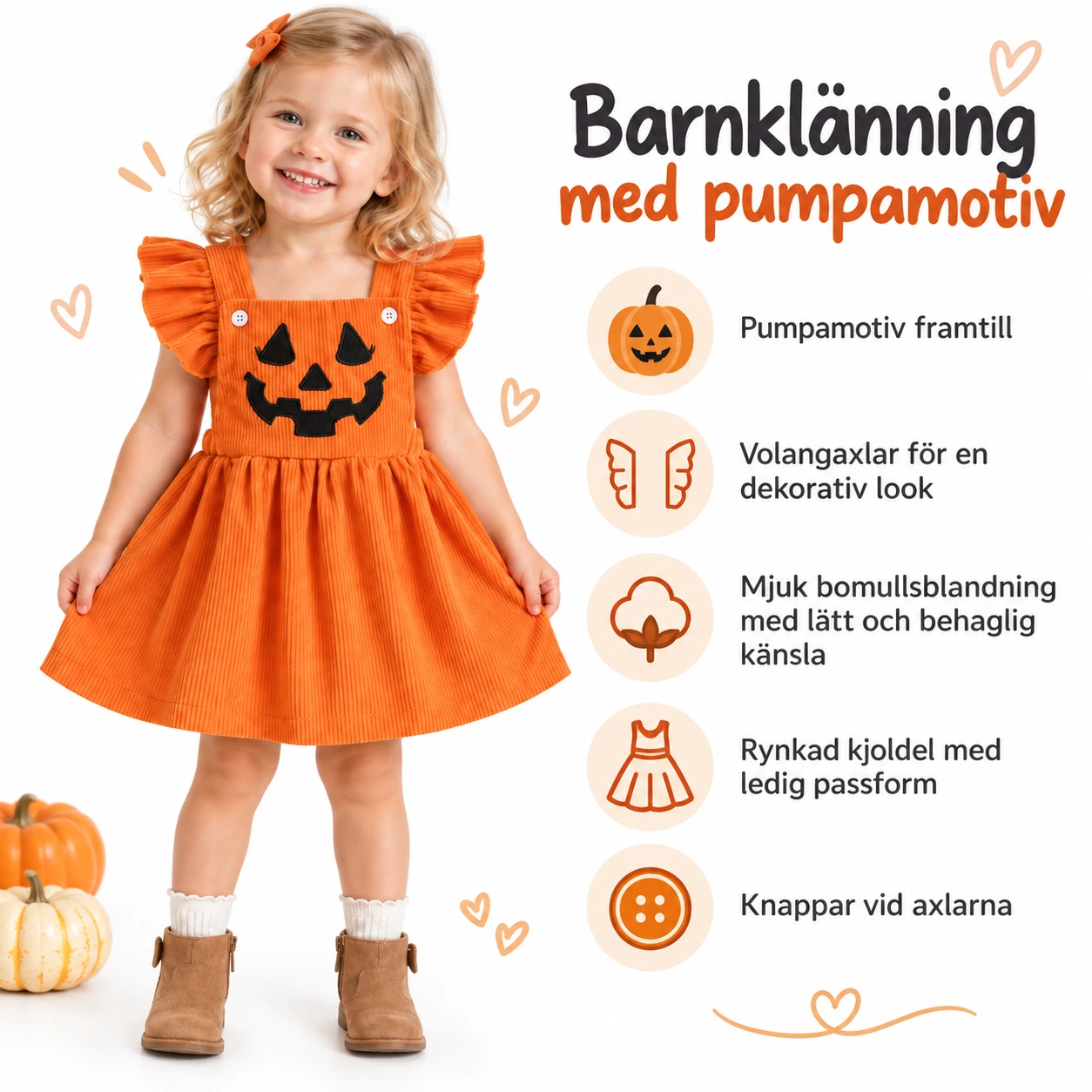 Klänning barn med pumpamotiv och volangaxlar i bomullsblandning