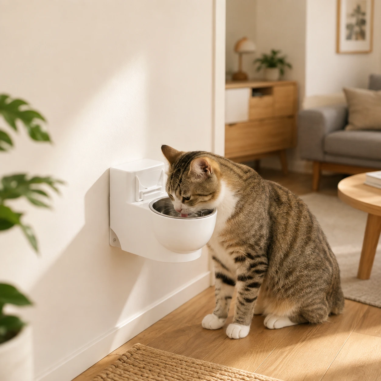 Väggmonterad matskål för katt med avtagbar innerdel