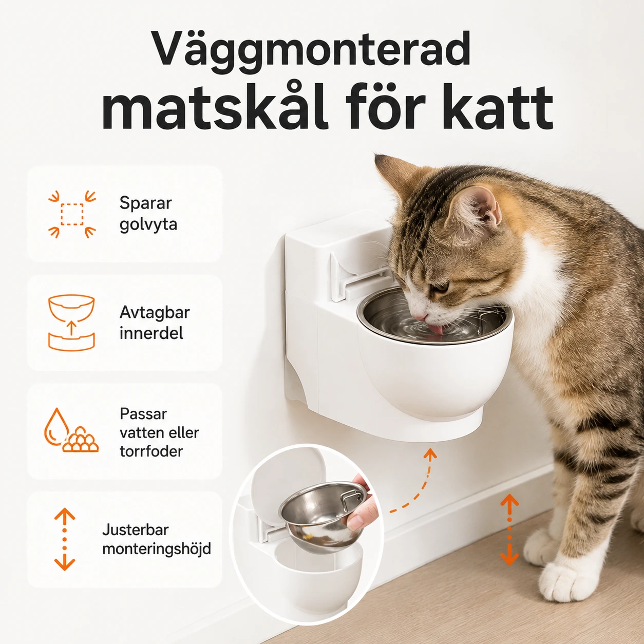 Väggmonterad matskål för katt med avtagbar innerdel