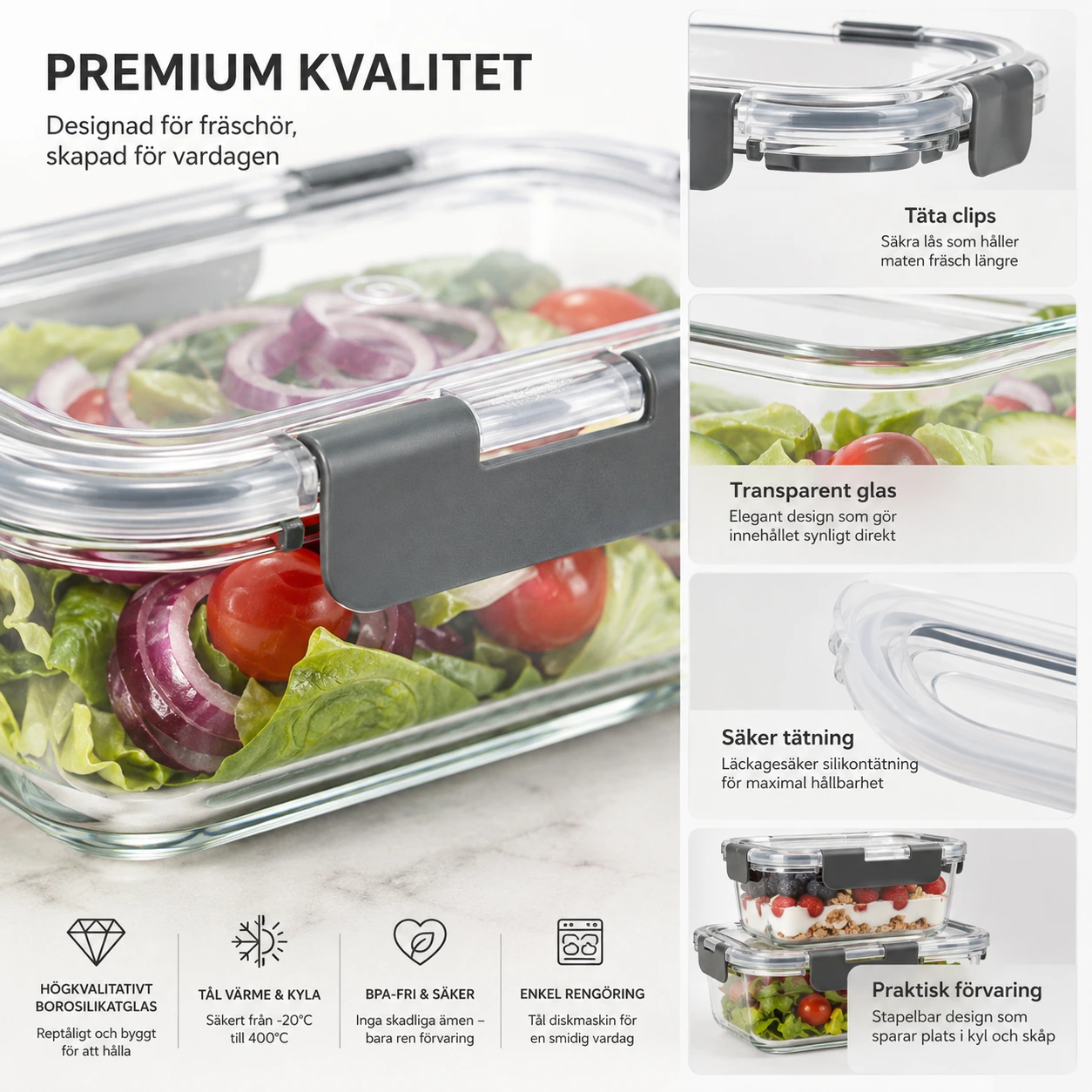 Matlådor i glas med lufttäta lock för matförvaring
