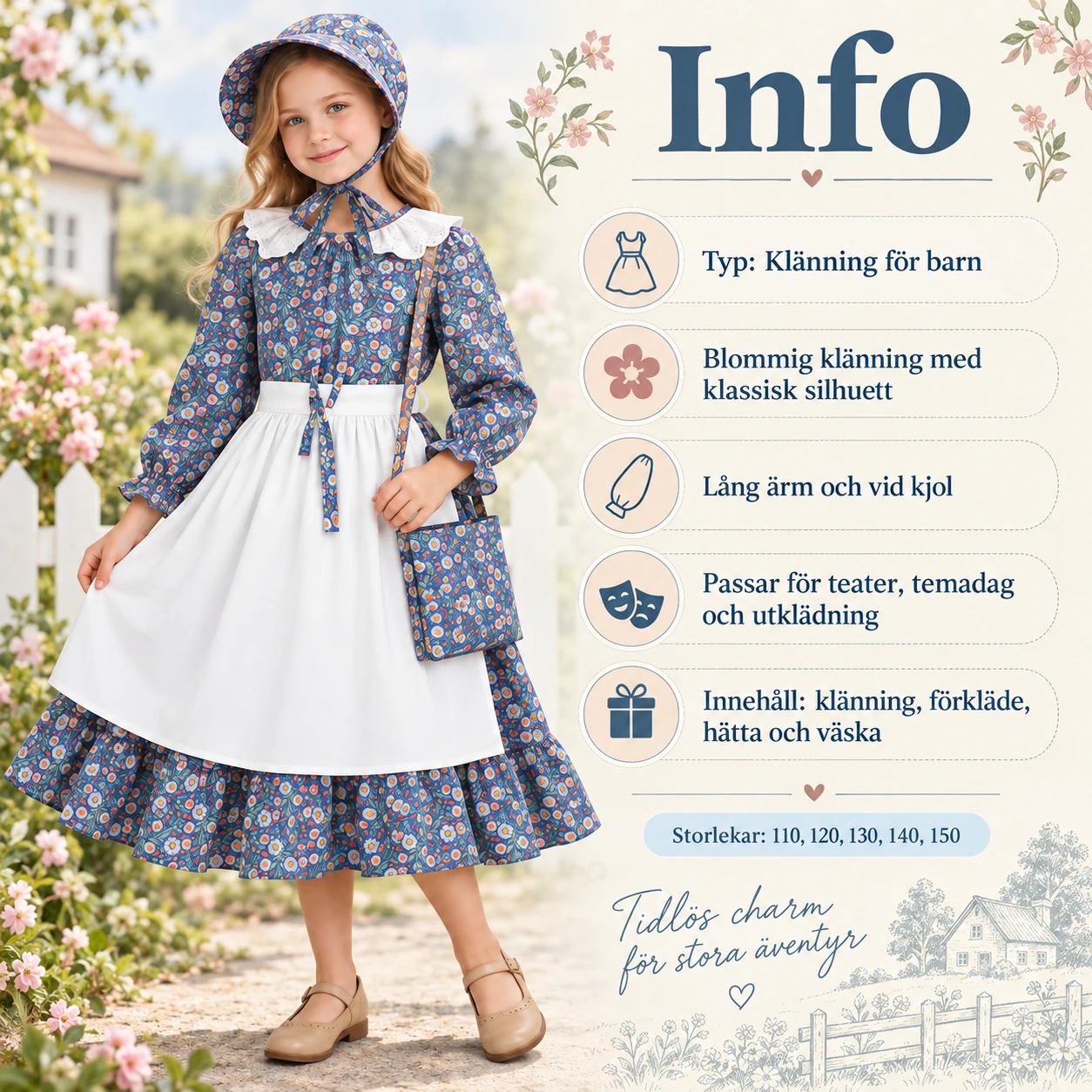 Lasten mekko, jossa on hilkka, esiliina ja laukku, sininen